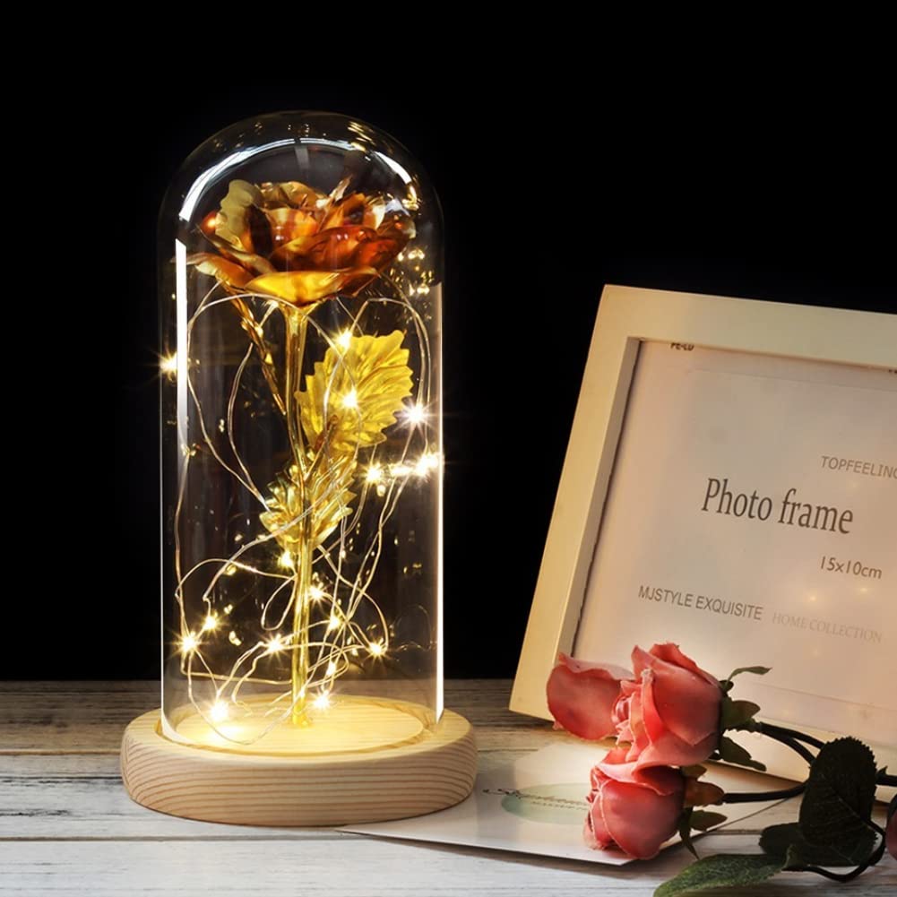 YABAA Beauty and The Beast LED Rose Lamp - 6 Color Changing Glass Dome Rose with Wooden Base, Perfect for Valentine's Day Gifts, Christmas Decor & Home Decoration (Gold)