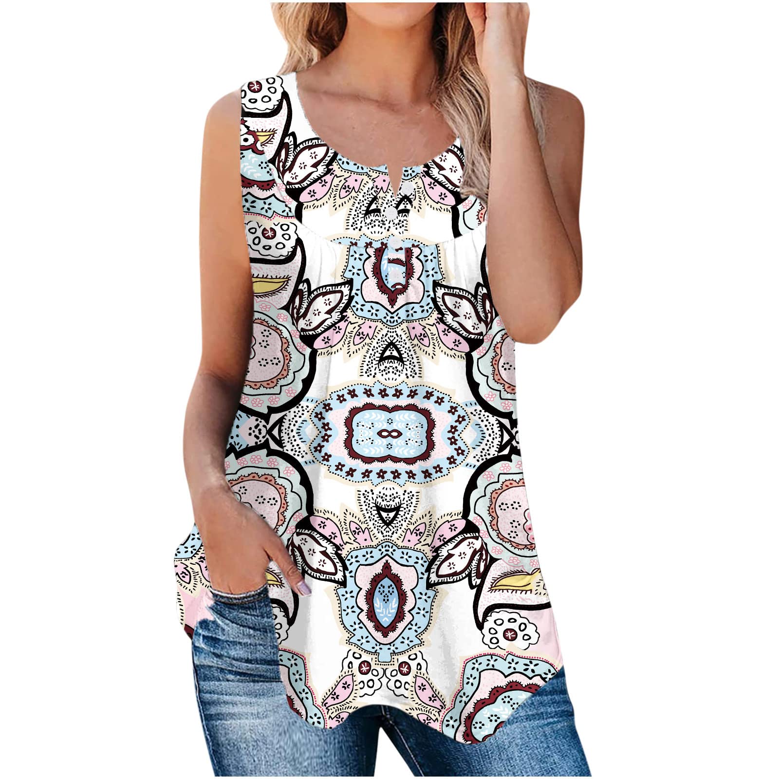 Women's Floral Print Pleated Tank Tops - Sleeveless Summer Blouses & Casual Shirts for Beach, Vacation, and Everyday Wear