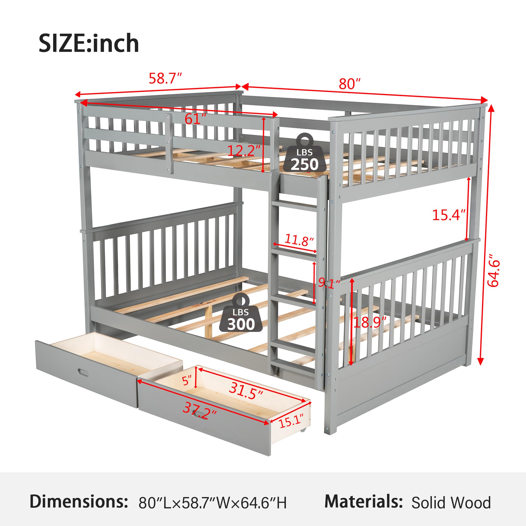 Merax Solid Wood Convertible Bunk Bed with Ladders & Storage Drawers - Full Over Full Size Detachable Frame, Grey - Perfect for Kids' Bedrooms, Guest Rooms & Space-Saving Home Furniture