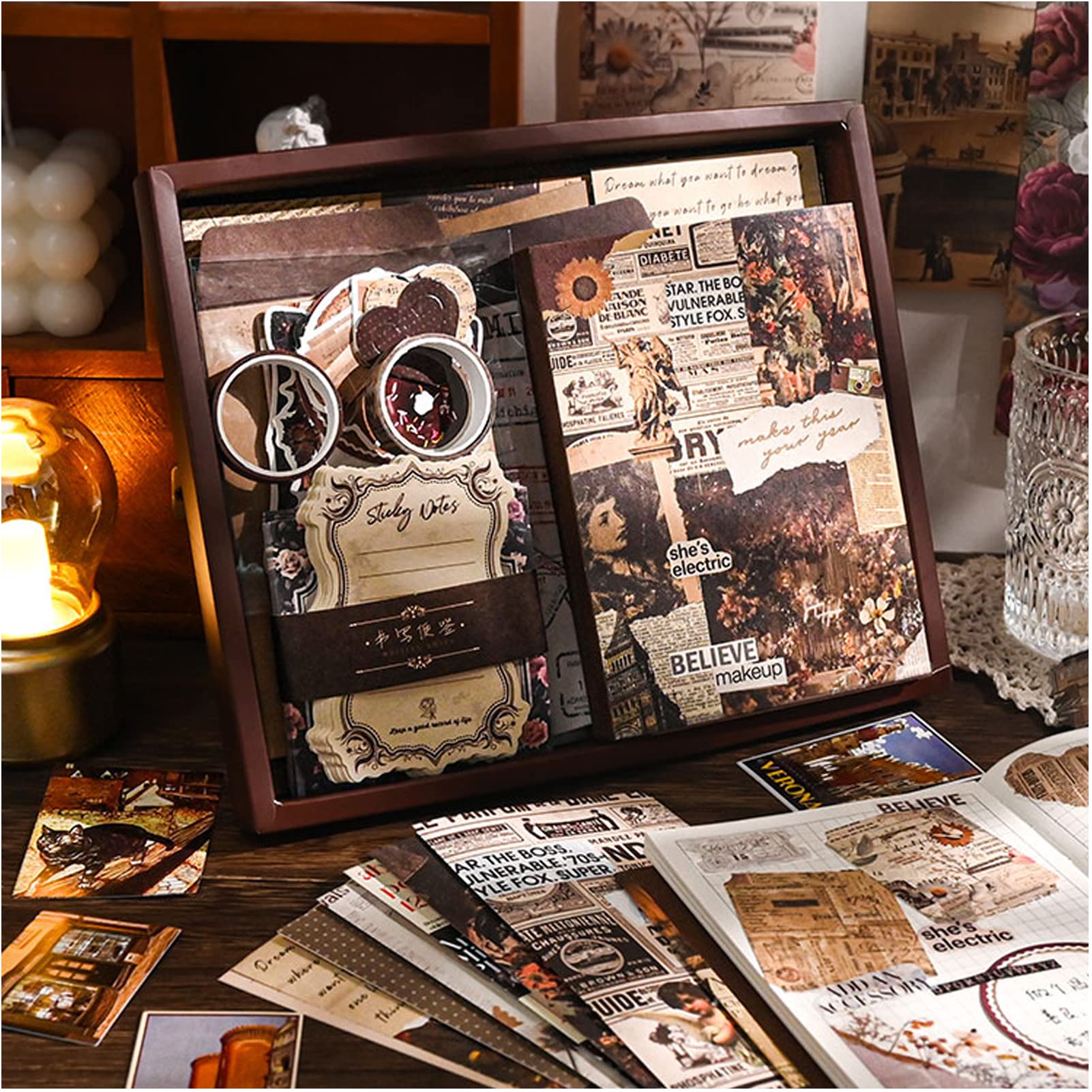 Vintage Scrapbook Kit - DIY Journaling Supplies with A6 Grid Notebook, Aesthetic Paper, Stickers & Washi Tape for Scrapbooking, Bullet Journaling, Memory Keeping & Handmade Crafts - Perfect for DIY Projects, Gift Making & Creative Art
