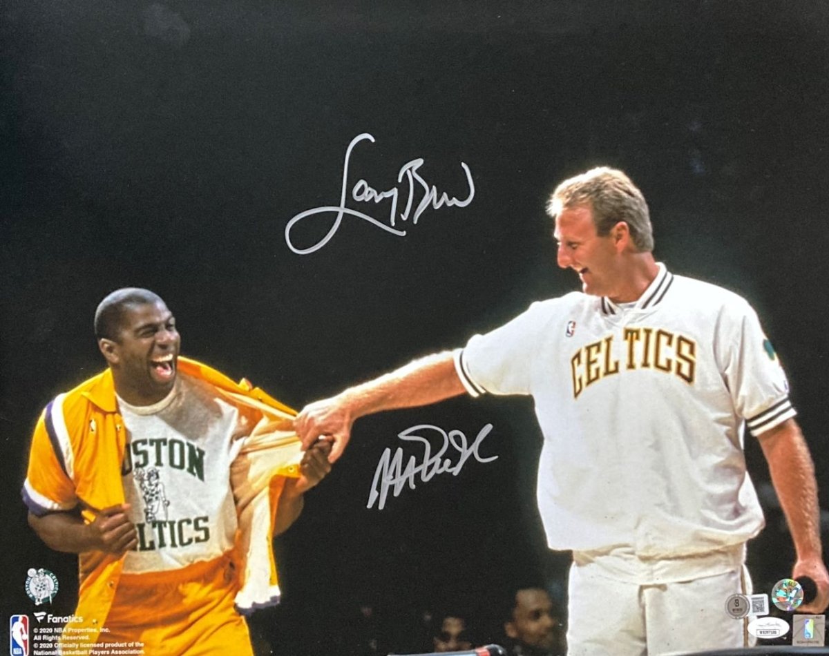 Larry Bird & Magic Johnson Autographed 16x20 Boston Celtics Jersey Photo - JSA & BAS Certified - Perfect for NBA Memorabilia Collectors & Sports Fans Display
