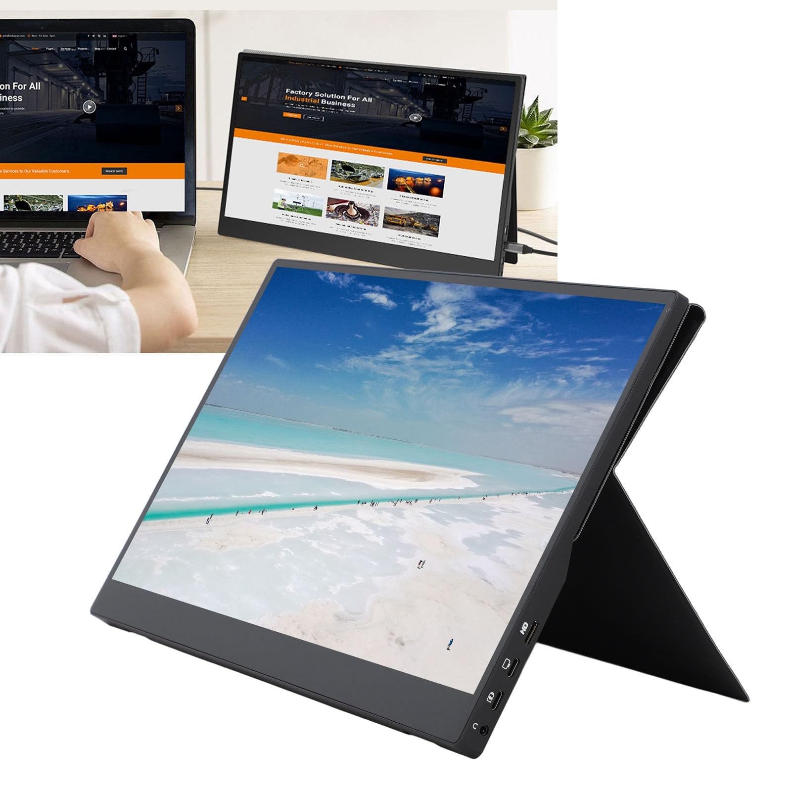 HELEVIA 15.6 Inch Portable USB Monitor - Laptop Screen Extension with Gaming Display & PU Leather Cover for Travel, Home and Office Use | Perfect for Remote Work, Gaming Setup and Business Presentations