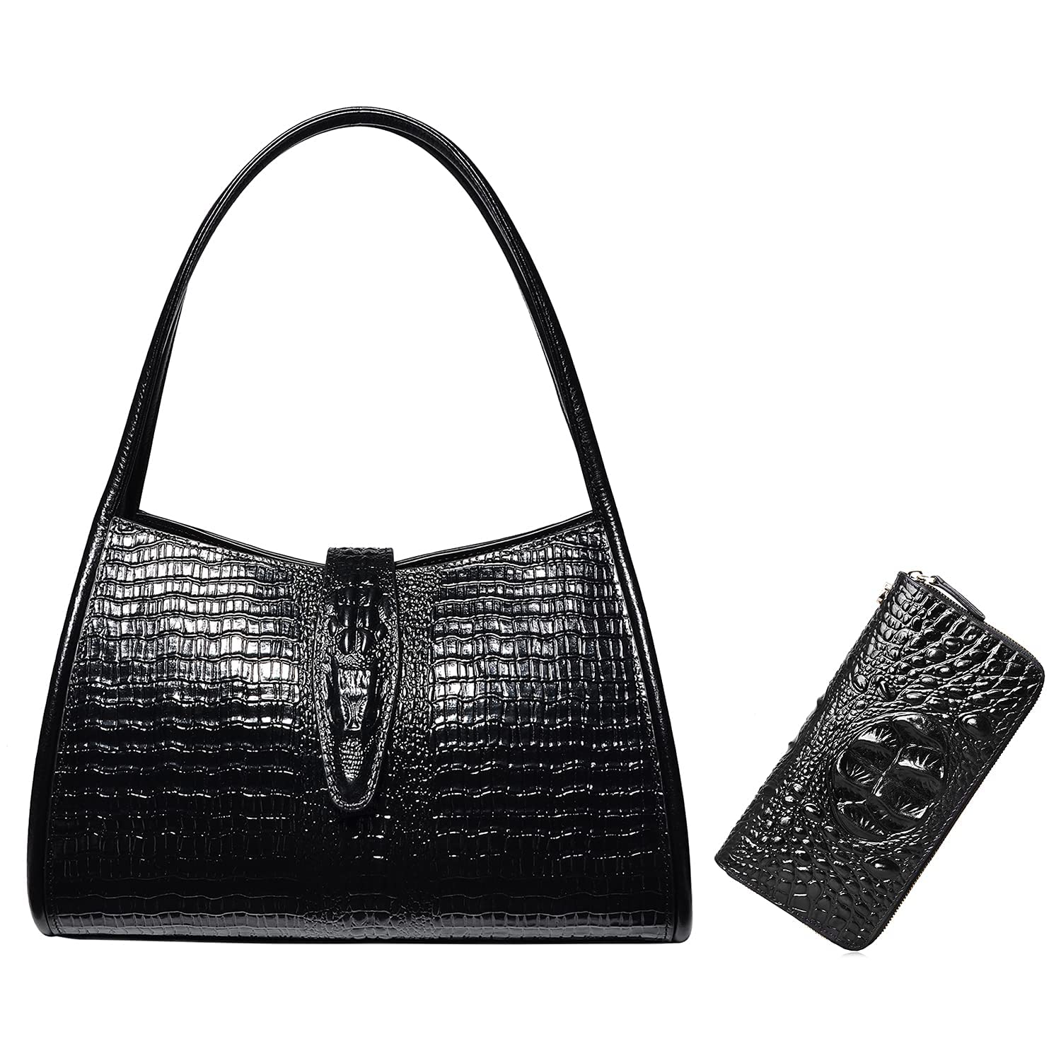 PIJUSHI Women's Genuine Leather Hobo Shoulder Bag & Crocodile Print Wristlet Wallet Set - Stylish Tote Purse for Work, Travel, and Everyday Use