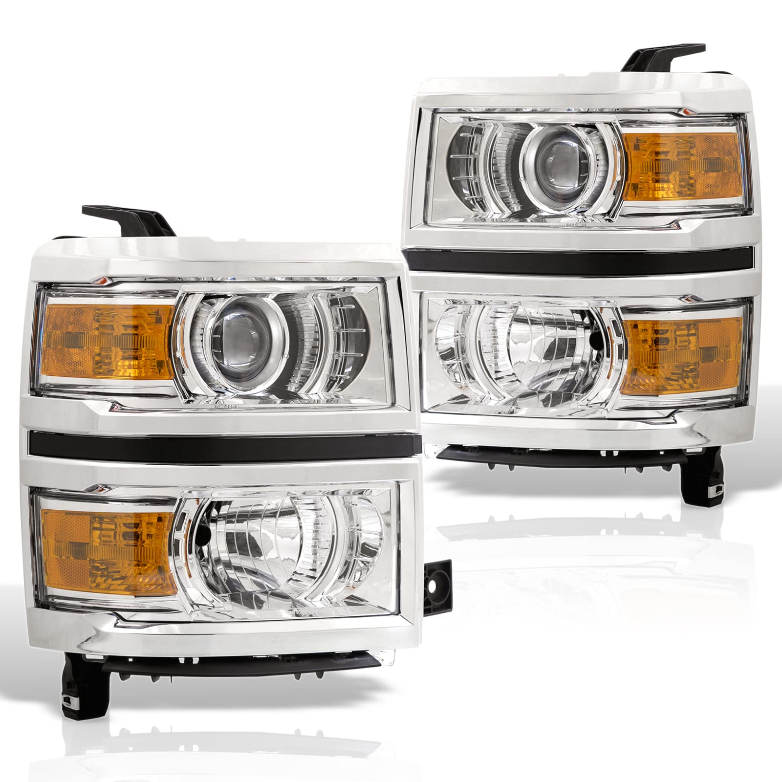 Chrome Housing Amber Reflector Signal Projector Headlights Assembly Pair Set LH+RH Compatible with Chevy Silverado 1500 Pickup 2014-2015 - Upgrade Your Truck Lighting for Night Driving & Off-Road Adventures