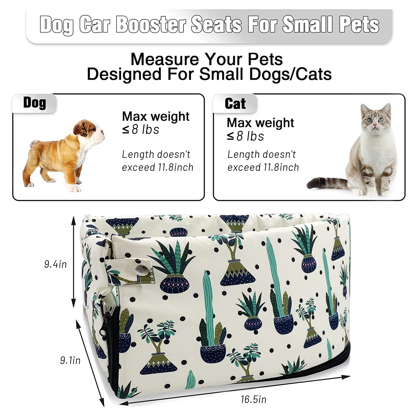 Small Dog Car Seat Booster with Safety Tether - Pet Car Bed for Small Dogs & Cats - Fits Most Vehicle Armrest Consoles - Perfect for Road Trips & Vet Visits