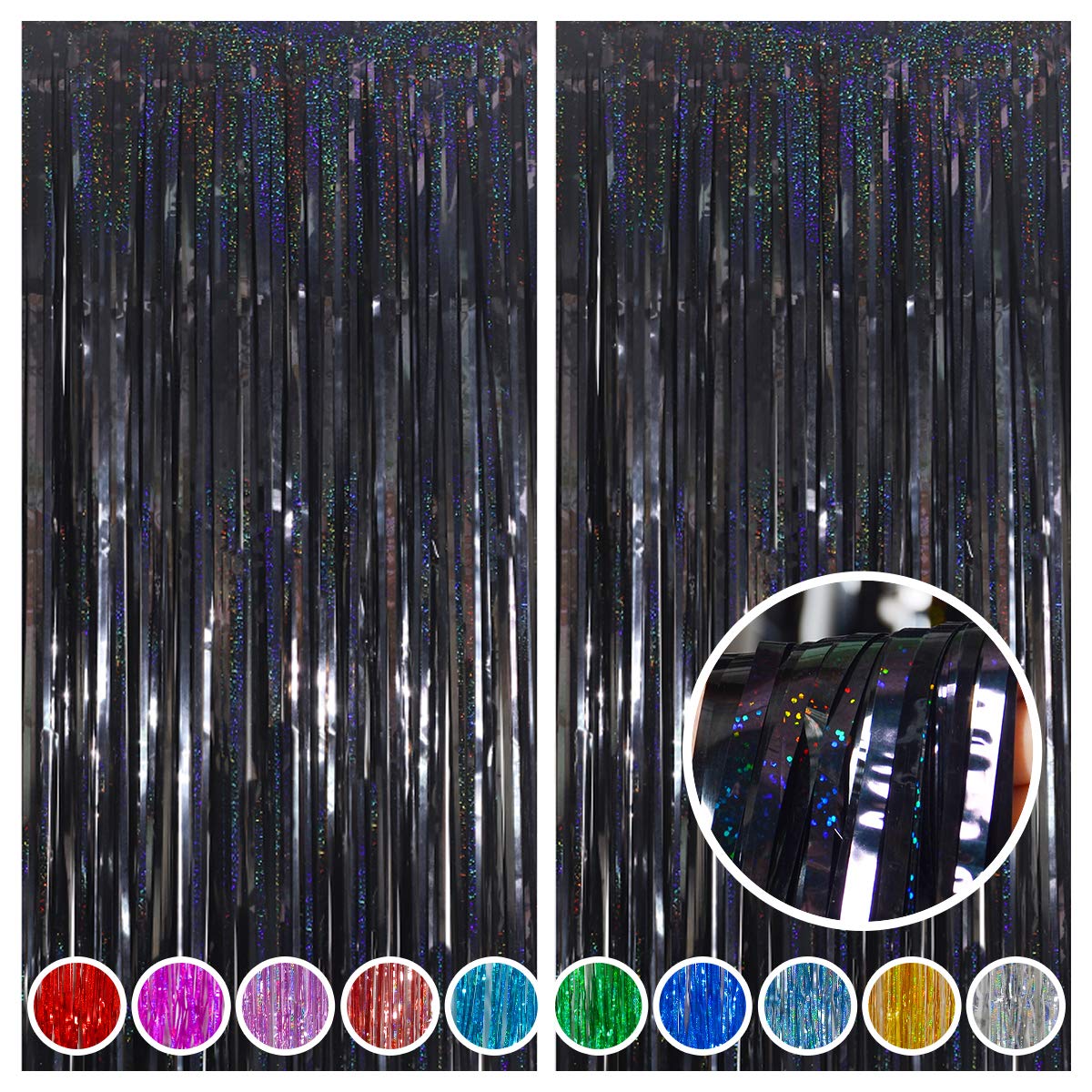 Melsan 2 Pack 3.2 ft x 8.2 ft Sparkle Metallic Tinsel Foil Fringe Curtains - Black Party Backdrop for Photo Booth, Stage Decorations, Birthday, Wedding & Holiday Celebrations