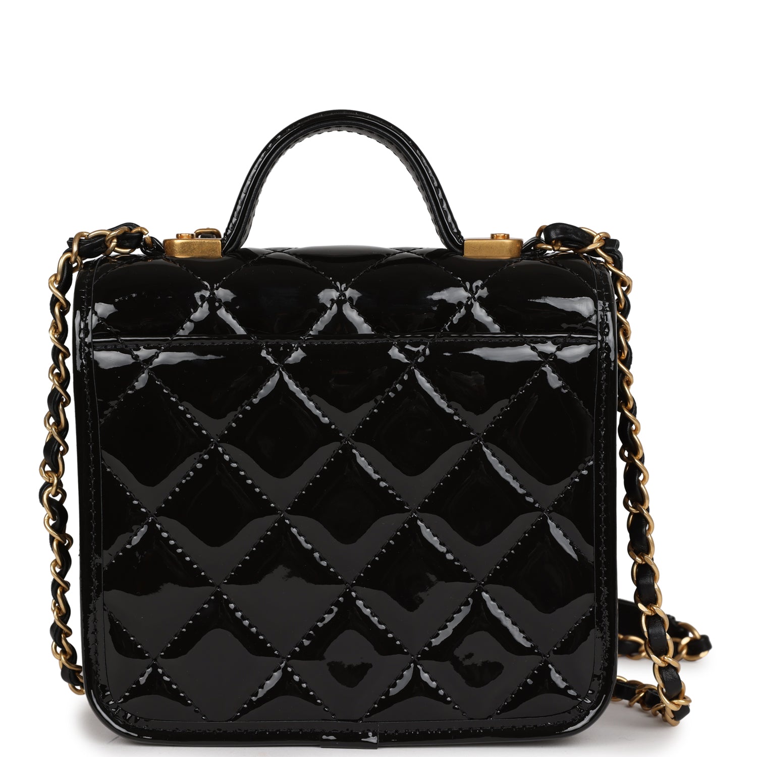 Chanel Vintage Square Top Handle Flap Bag Black Patent Leather with Antique Gold Hardware - Perfect for School, Work & Special Occasions