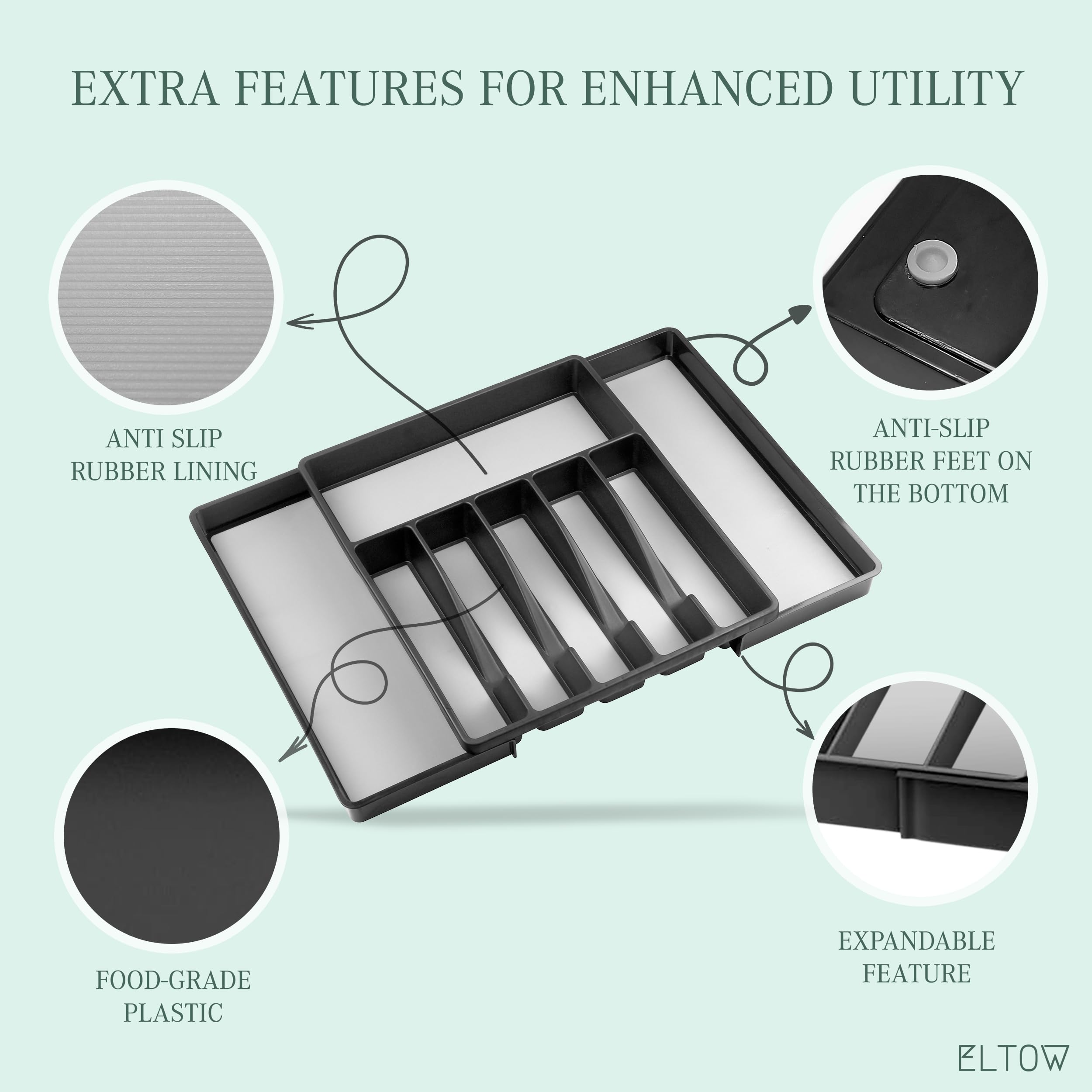 ELTOW Large Expandable Silverware Drawer Organizer - 8 Compartment Non-Slip Adjustable Kitchen Utensil Organizer for Forks, Spoons, Knives - Perfect for Kitchen Drawer Organization & Cutlery Storage (Black)