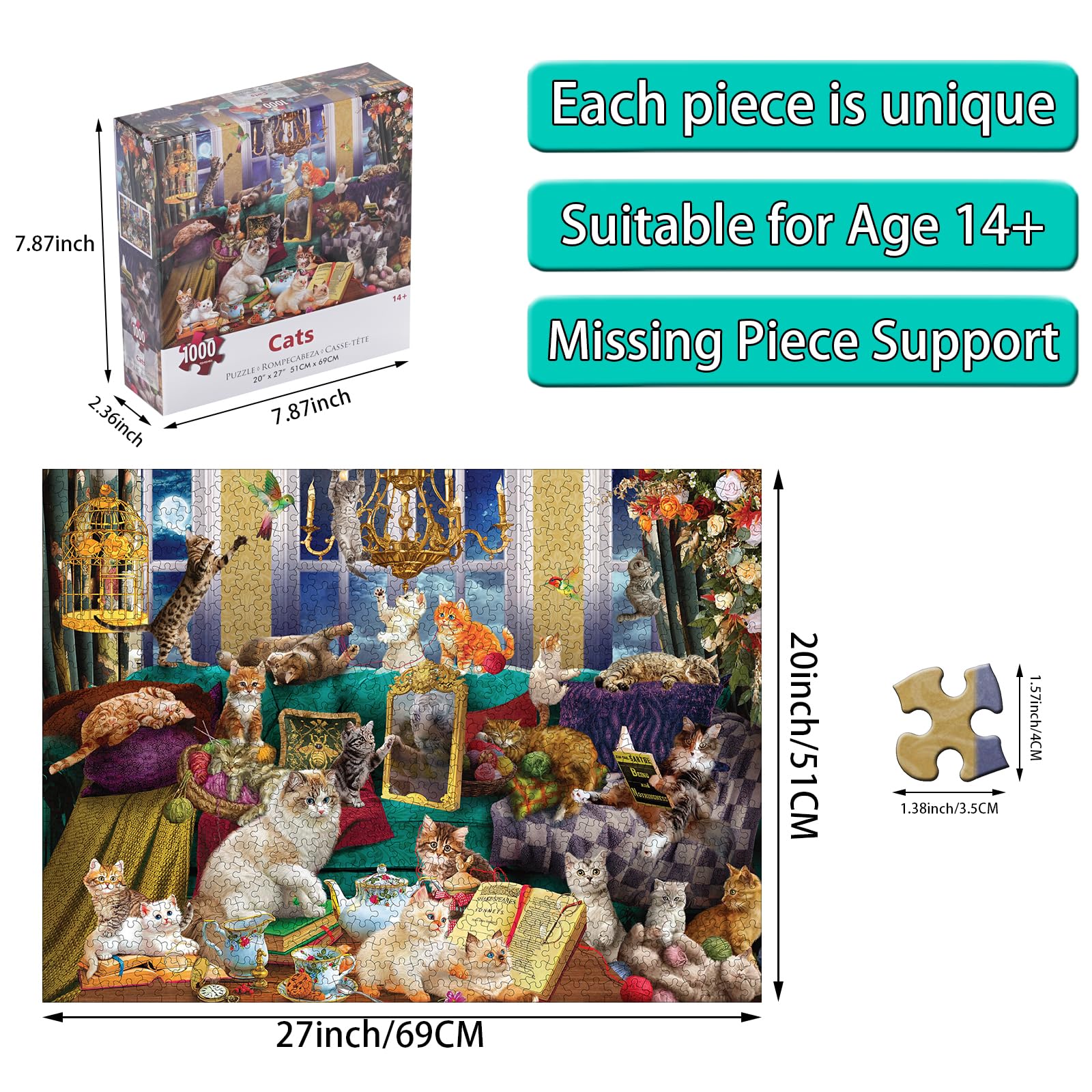 1000 Piece Jigsaw Puzzles for Adults - Challenging Cat Animal Puzzle, 27x20 Inch Large Size - Perfect for Family Game Night, Stress Relief & Home Decor Gift