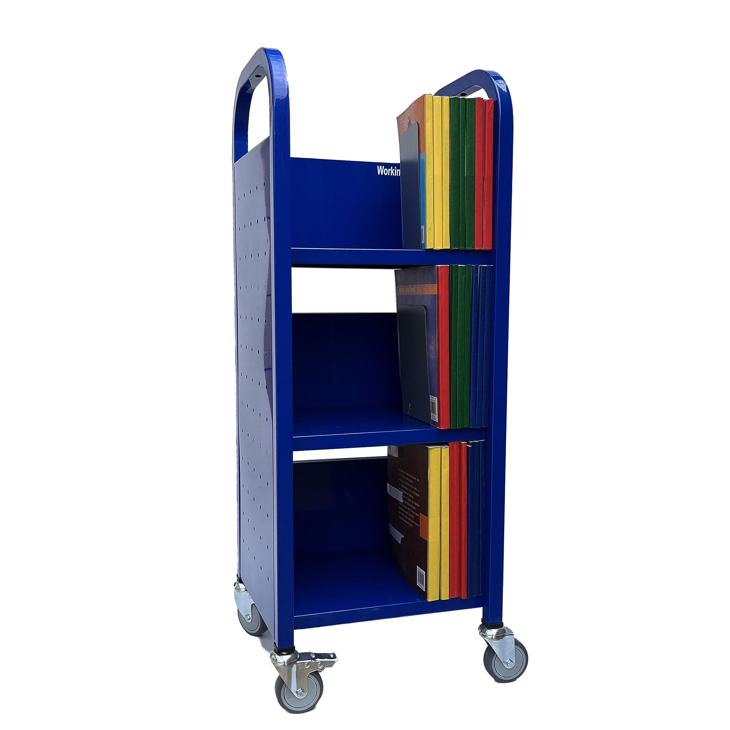 Heavy Duty Workington Single Bank Rolling Book Truck with 3 Flat Shelves - Mobile Library Book Cart with Swivel Locking Casters 3000 Blue - Perfect for Libraries, Schools, and Office Document Organization