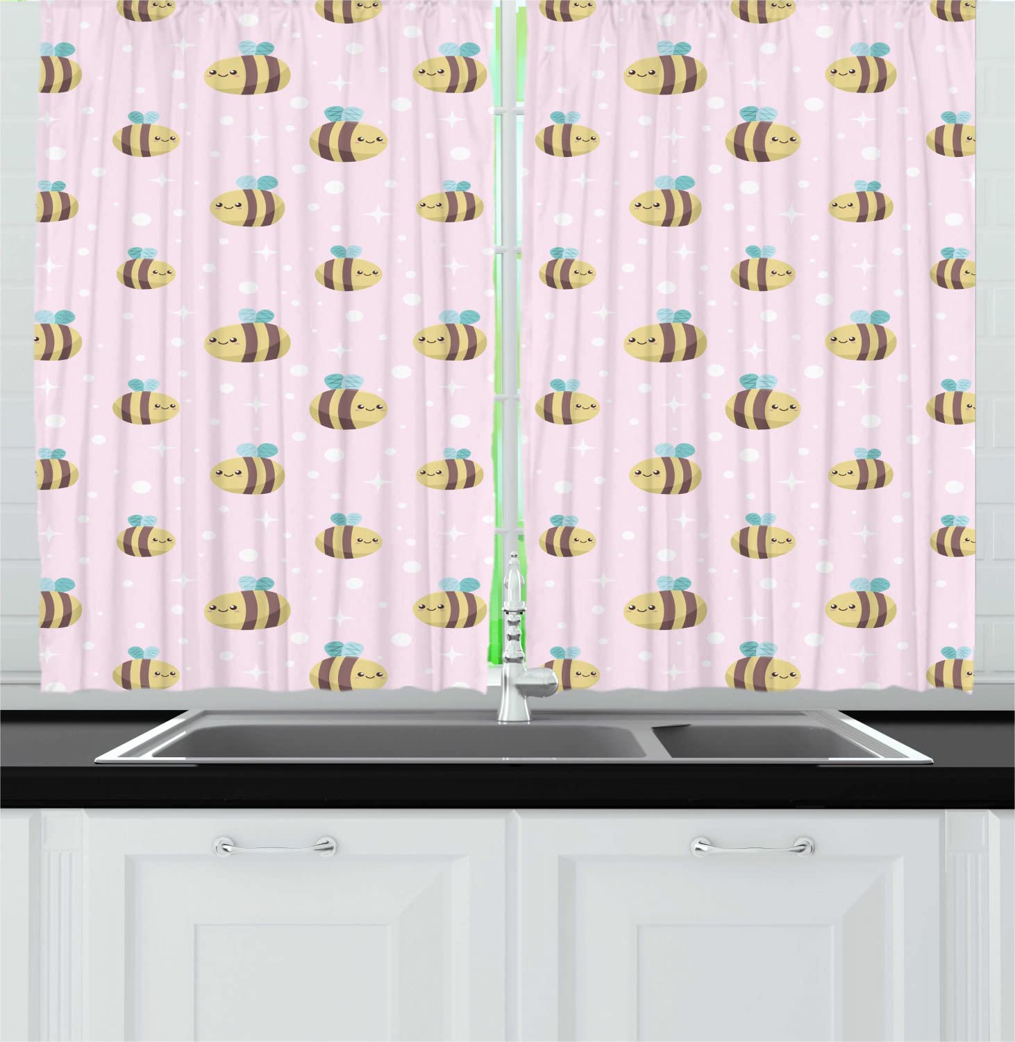 Ambesonne Smiling Bees Cartoon Kitchen Curtains - 55