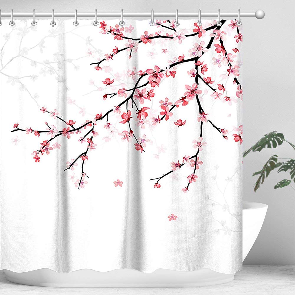 LIVILAN Cherry Blossom Shower Curtain Set - Pink Floral Bathroom Decor with 12 Hooks, Japanese Style Machine Washable Fabric (72x72 Inches) for Bathroom, Dorm, Apartment & Hotel Decor