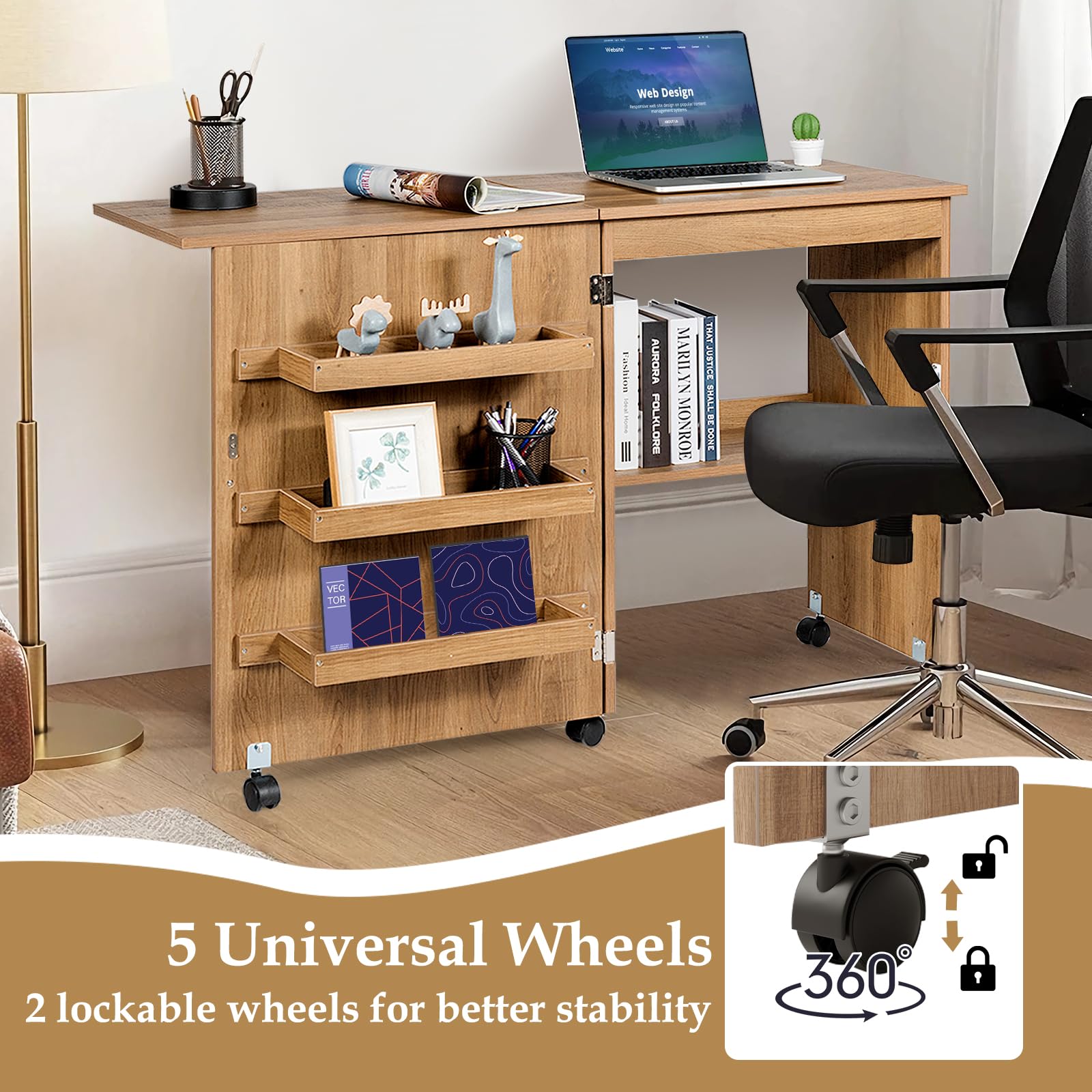 COSTWAY Folding Sewing Table with Lockable Wheels - Multipurpose Craft Station Desk & Display Cabinet with Storage Shelves - Rolling Sewing Machine Table for Home, Apartment (Natural Finish) | Perfect for Quilting, DIY Projects & Small Space Organization