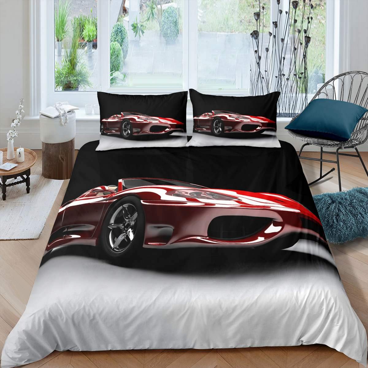 Feelyou Racing Sports Car Kids Bedroom Set - Twin Size 2-Piece Comforter Cover with Pillowcase for Boys & Girls (Red Modern Vehicle Print) | Durable Zipper Closure | Perfect for Nursery, Child's Room or Teen Bedroom Decor