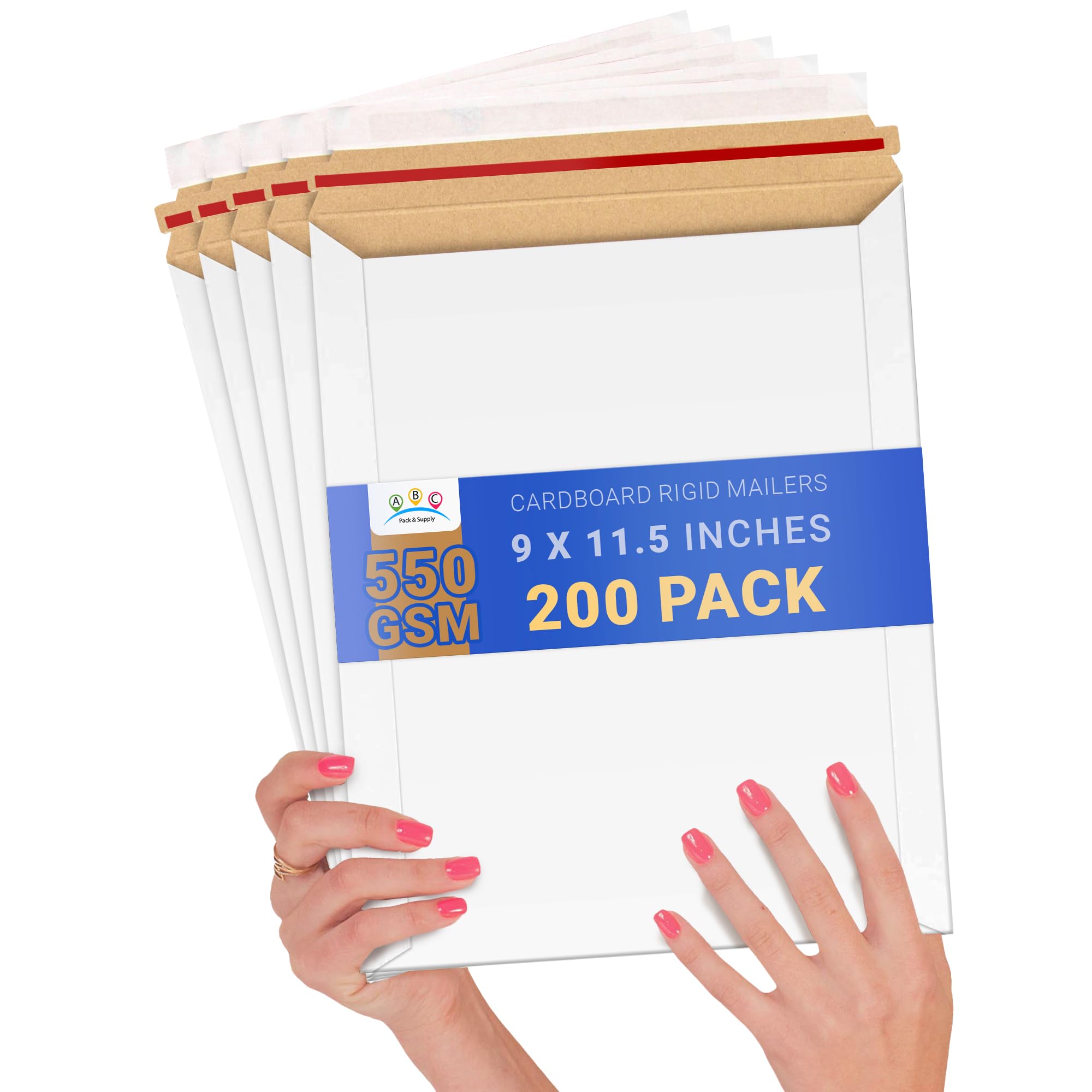ABC Rigid Paperboard Mailers 9x11.5 Inch - 200 Pack Stay Flat Envelopes for Photos & Documents - White Cardboard Shipping Envelopes with Peel & Seal Redi-Strip - Perfect for Ecommerce, Photography Prints & Important Document Mailing