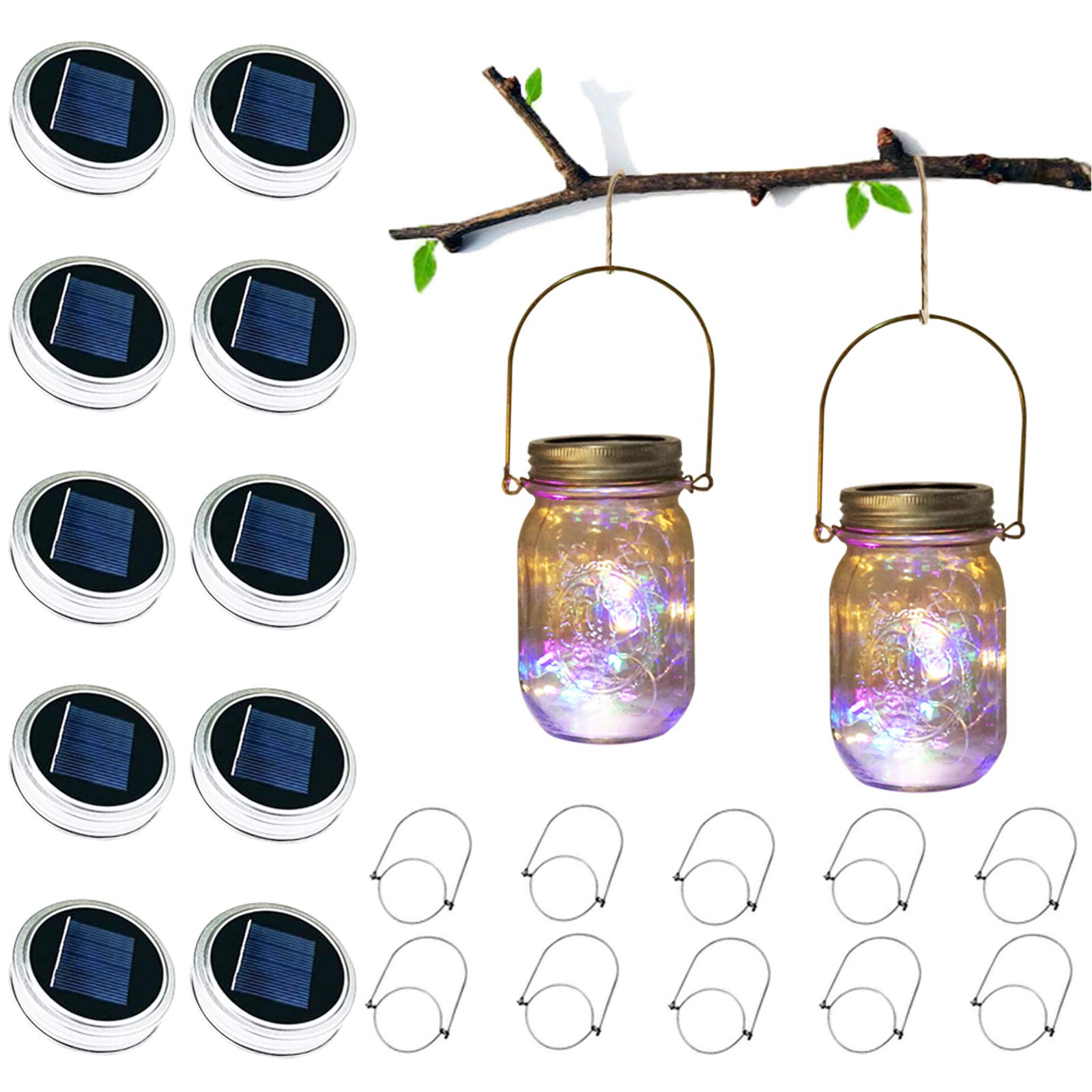 10 Pack Solar Mason Jar Lid Lights - 30 LED Waterproof Firefly Fairy String Lights with Hangers (Jars Not Included) | Outdoor Decorative Lighting for Patio, Garden, Wedding & Party Decor | Perfect for Backyard, Camping and Romantic Ambiance