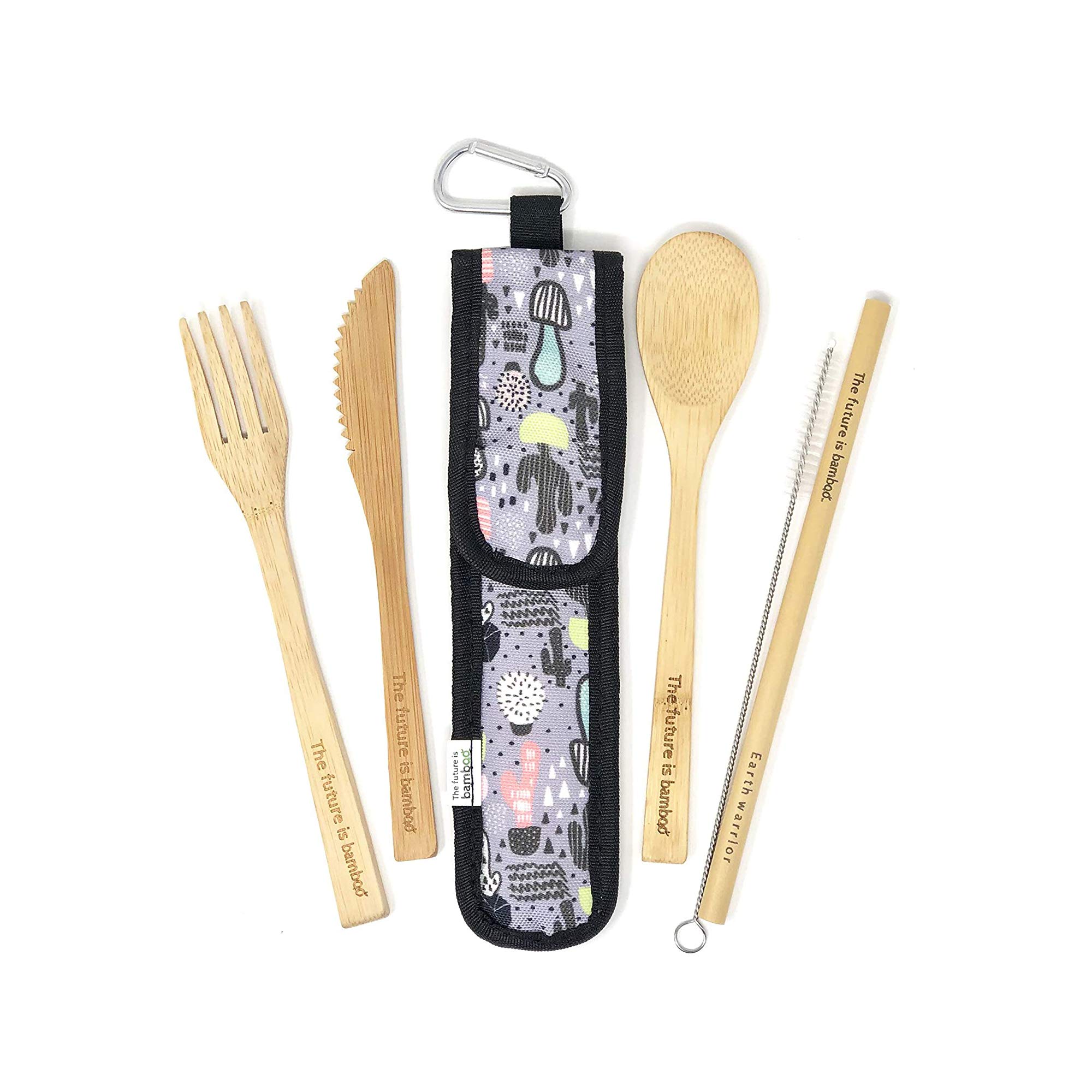 Organic Bamboo Travel Utensil Set - 5-Piece with Pouch for Camping & Hiking