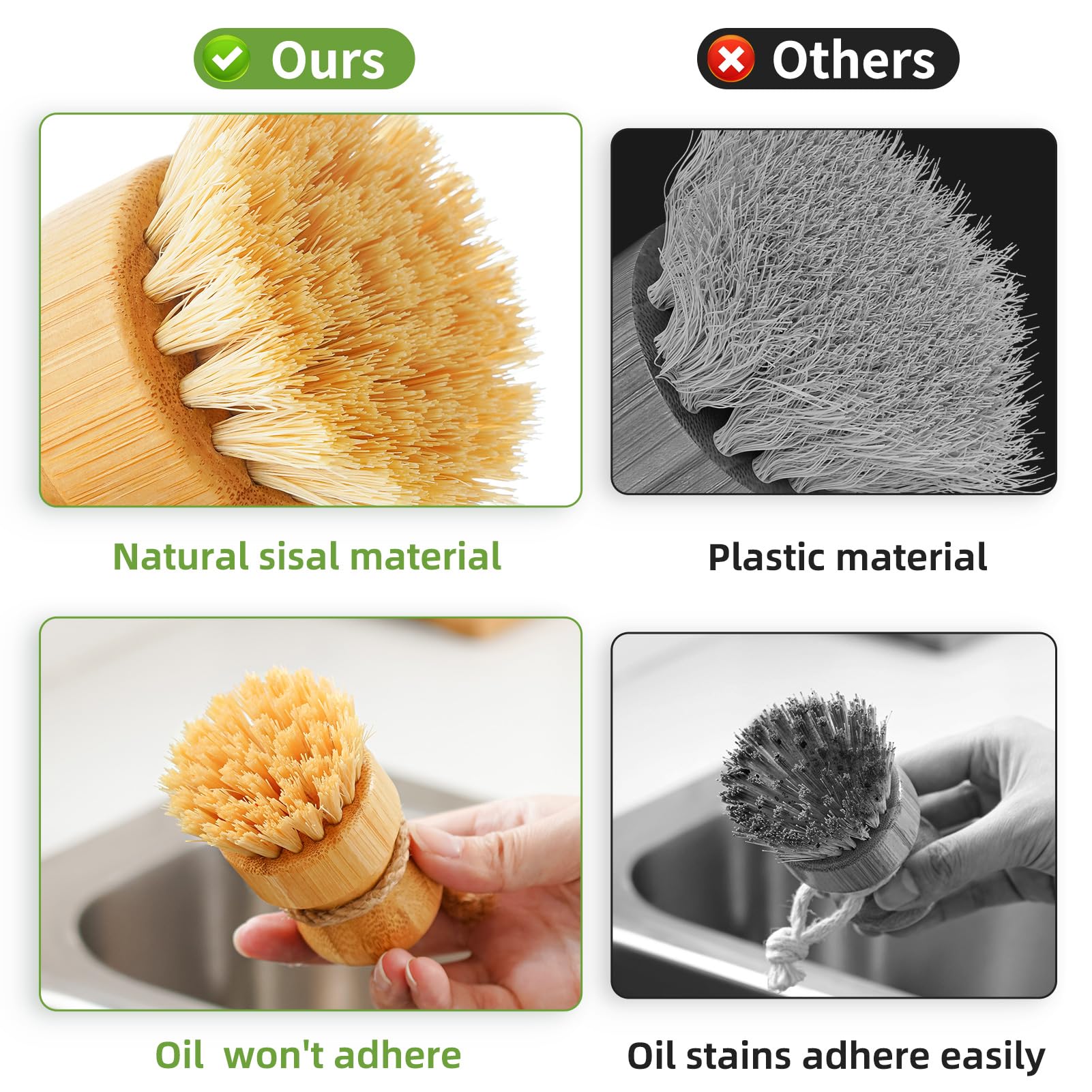 SUBEKYU Eco-Friendly Bamboo Dish Scrub Brushes Set of 3 - Natural Wooden Cleaning Scrubbers for Cast Iron Pans, Pots, Dishes - Perfect for Kitchen Cleaning, Camping & Outdoor Cooking