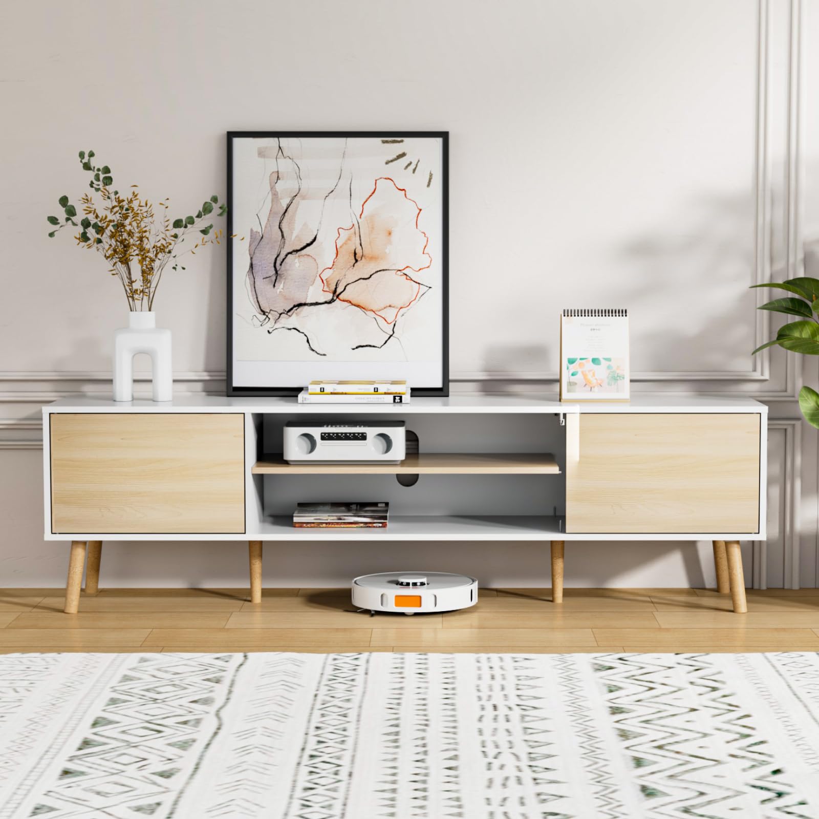 75 Inch TV Stand with Storage - Wooden Media Console Entertainment Center, 2 Cabinet Design, White & Oak Finish - Perfect for Living Room & Bedroom Furniture Organization