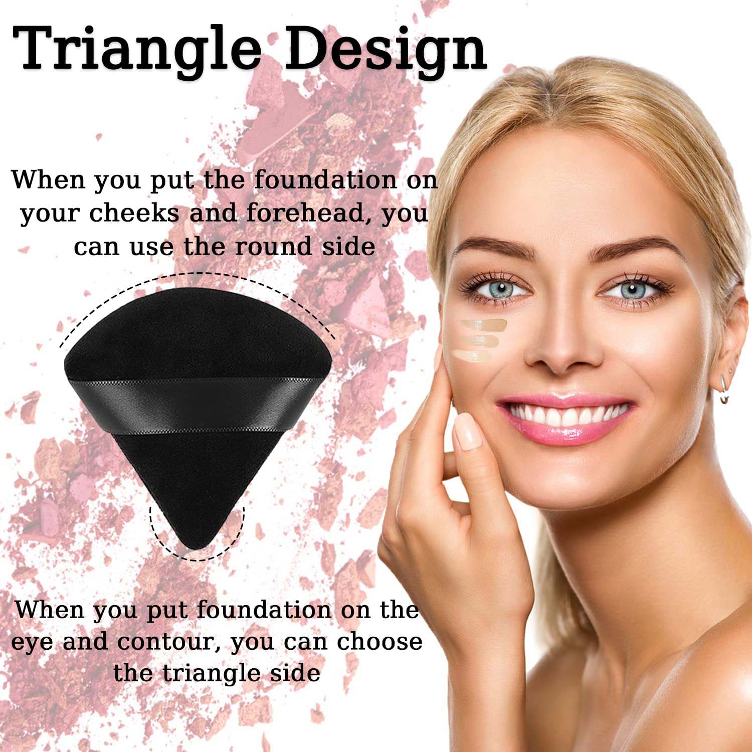 4 Pack Soft Triangle Powder Puffs for Loose & Setting Powder - Washable Reusable Velour Makeup Sponges for Face & Body (Wet/Dry Use) - Perfect for Flawless Makeup Application, Touch-ups & Travel