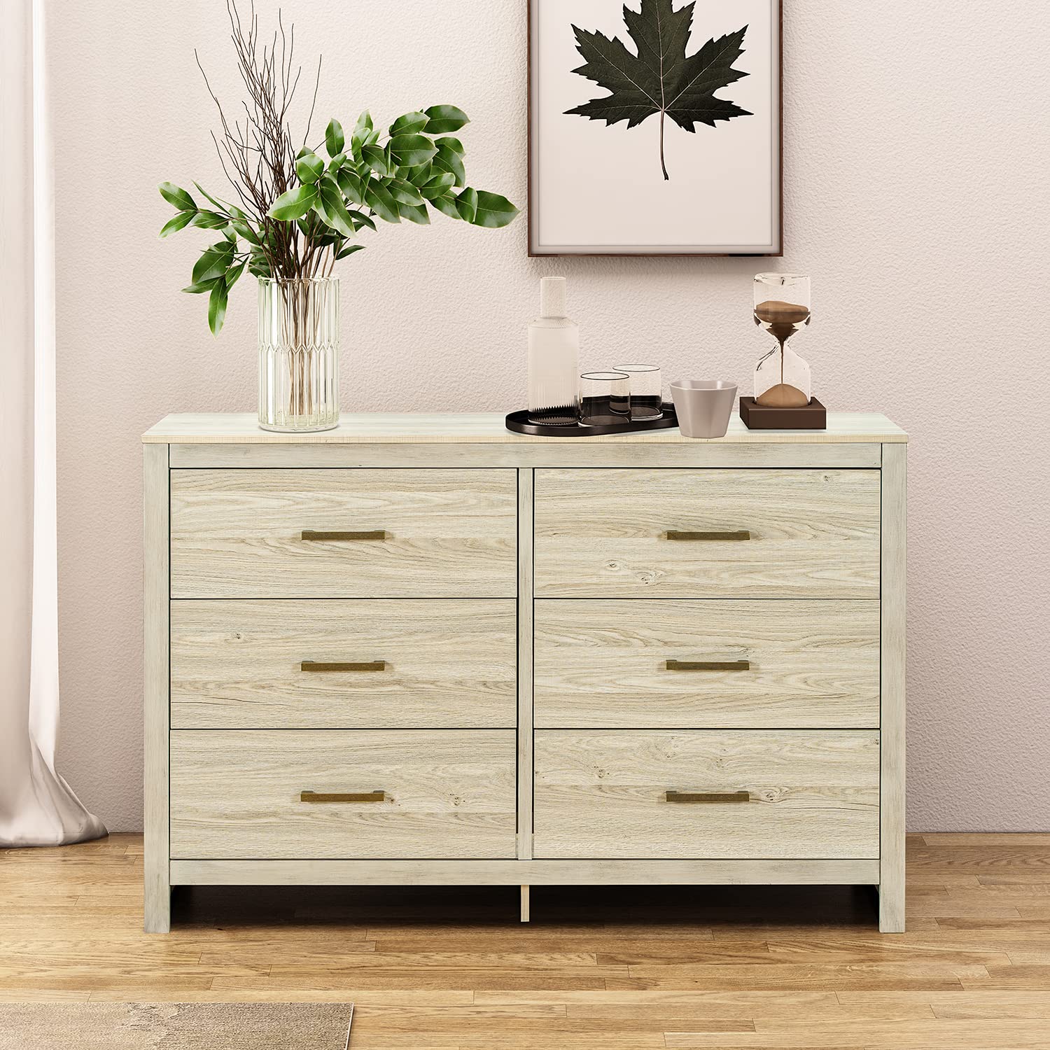 HULALA HOME 6-Drawer Mid Century Modern Wood Dresser with Metal Handles - Solid Maple Storage Chest for Bedroom, Living Room, Nursery & Entryway - Vintage Style Organizer for Clothes, Toys & Home Essentials