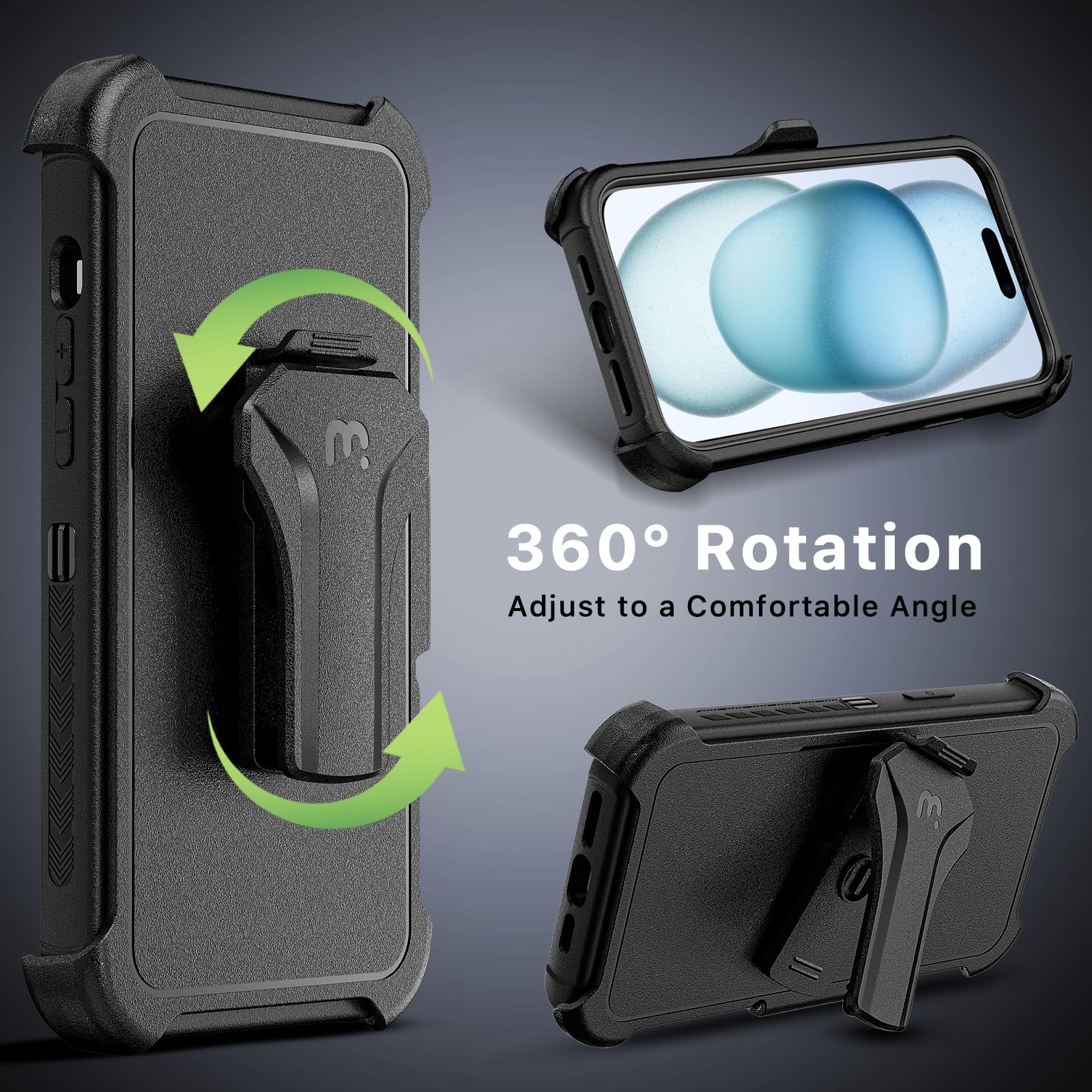 MYBAT PRO Maverick Series iPhone 15 Case with Belt Clip Holster - Magsafe Compatible, Shockproof & Anti-Drop Protection, Built-in 360° Rotating Kickstand & Screen Protector | Heavy Duty Protective Cover for Outdoor, Work & Daily Use (Black)