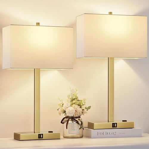 White Cream Linen & Brushed Gold (Base)-Two 2700K Bulbs Included