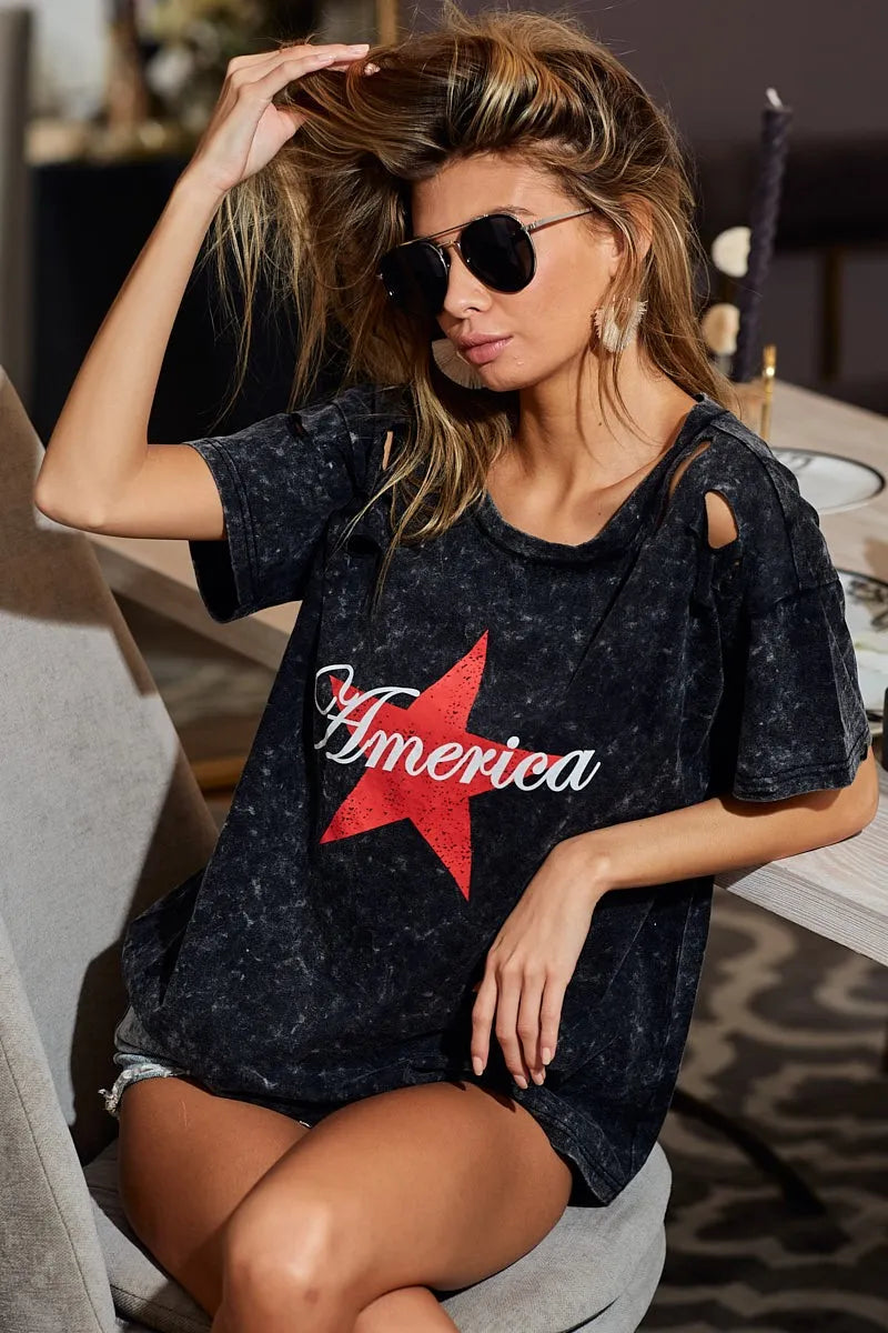 BiBi Laser Cut Mineral Washed Jersey Top - Trendy Women's Fashion Tops for Casual Wear & Street Style | Perfect for Everyday Outfits, Weekend Hangouts & Summer Looks