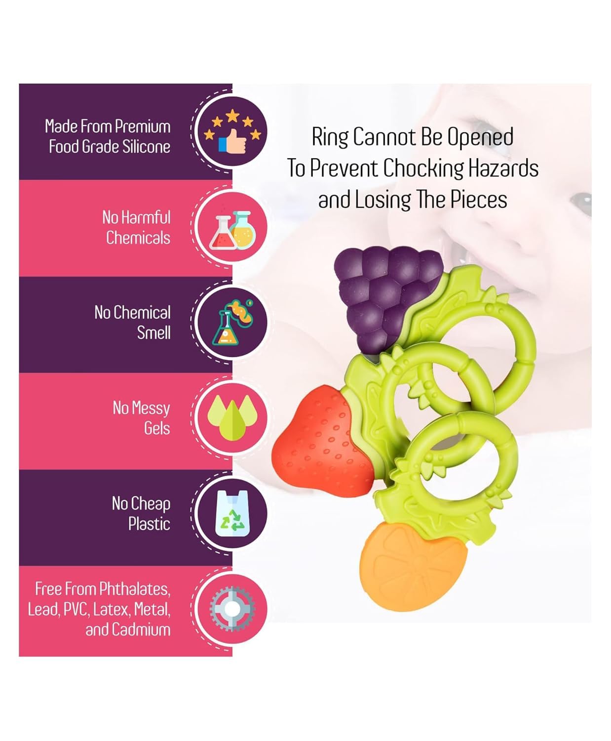 Joy Buzz Fruit Shape Teether Set of 3 - Soft & Safe BPA-Free Silicone Baby Teething Toys for Infants (Peach, Yellow, Banana) | Perfect for Soothing Sore Gums During Teething & On-The-Go Comfort