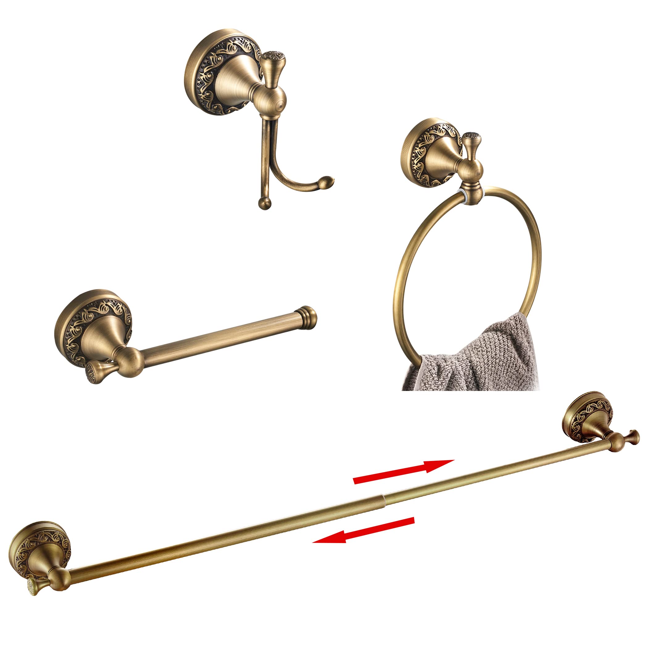BATHSIR Antique Brass 4-Piece Bathroom Hardware Set - Adjustable Towel Bar, Expandable Towel Holder, Toilet Paper Holder, Towel Ring & Robe Hook - Vintage Carved Wall Mount Accessories for Classic & Farmhouse Style Bathrooms