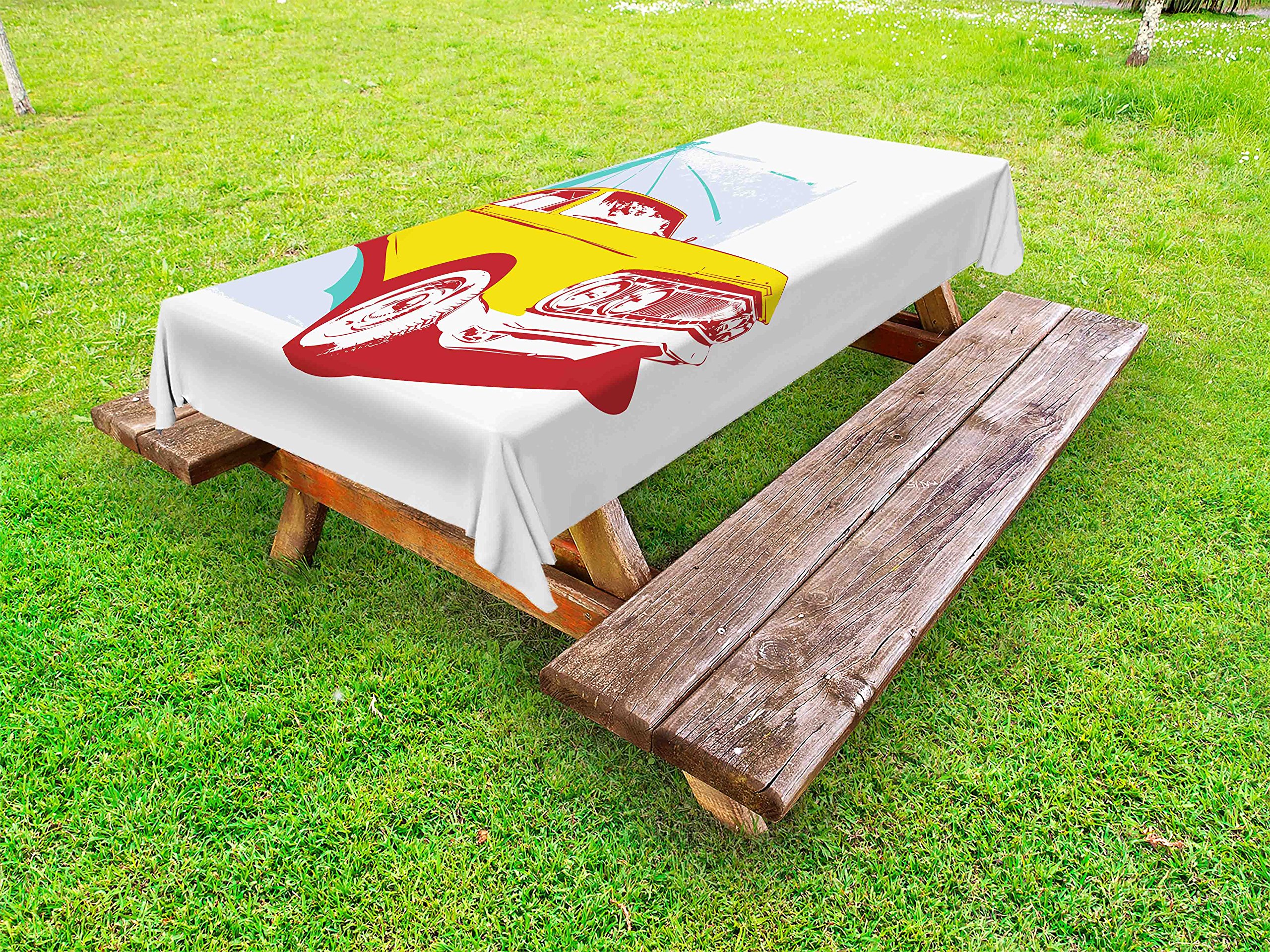 Ambesonne Vintage Car Outdoor Tablecloth - Washable Picnic Table Cover 58x120 Inches, Old Custom Collector's Car Art with Grunge Urban Background in Yellow Turquoise - Perfect for Outdoor Dining, BBQs, Picnics & Patio Decor