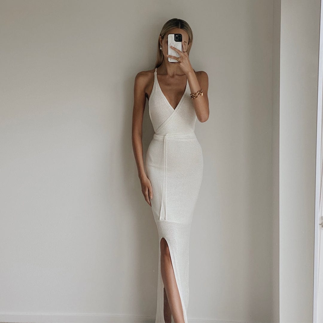 GALINA Ivory Knit Bodycon Backless Maxi Dress for Women - Elegant Slim Fit Long Evening Gown for Parties, Weddings & Date Nights