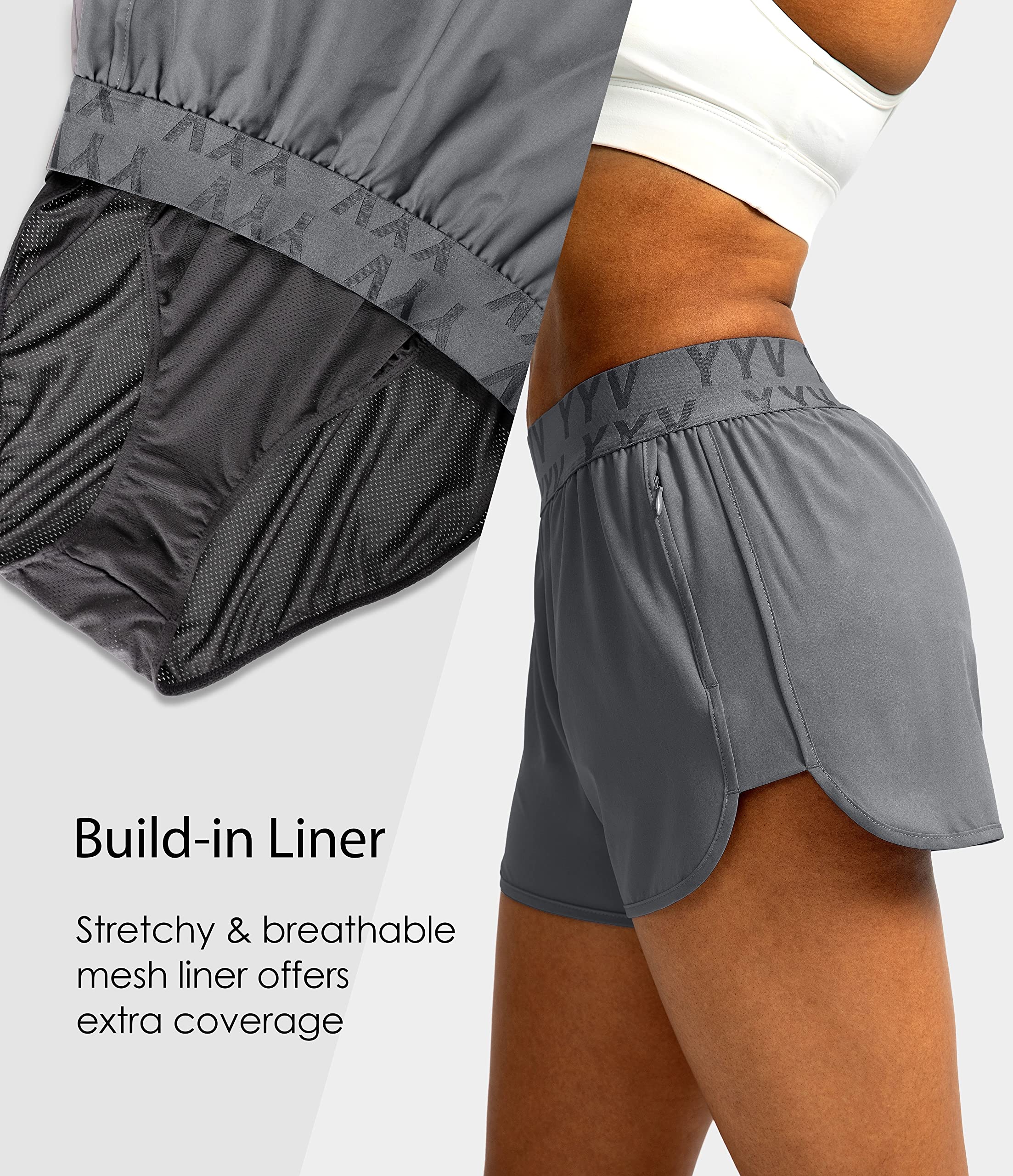 YYV Women's Running Shorts with Zipper Pockets - Quick-Dry Elastic Waist Athletic Gym Shorts for Women with Liner - Perfect for Jogging, Workouts & Yoga