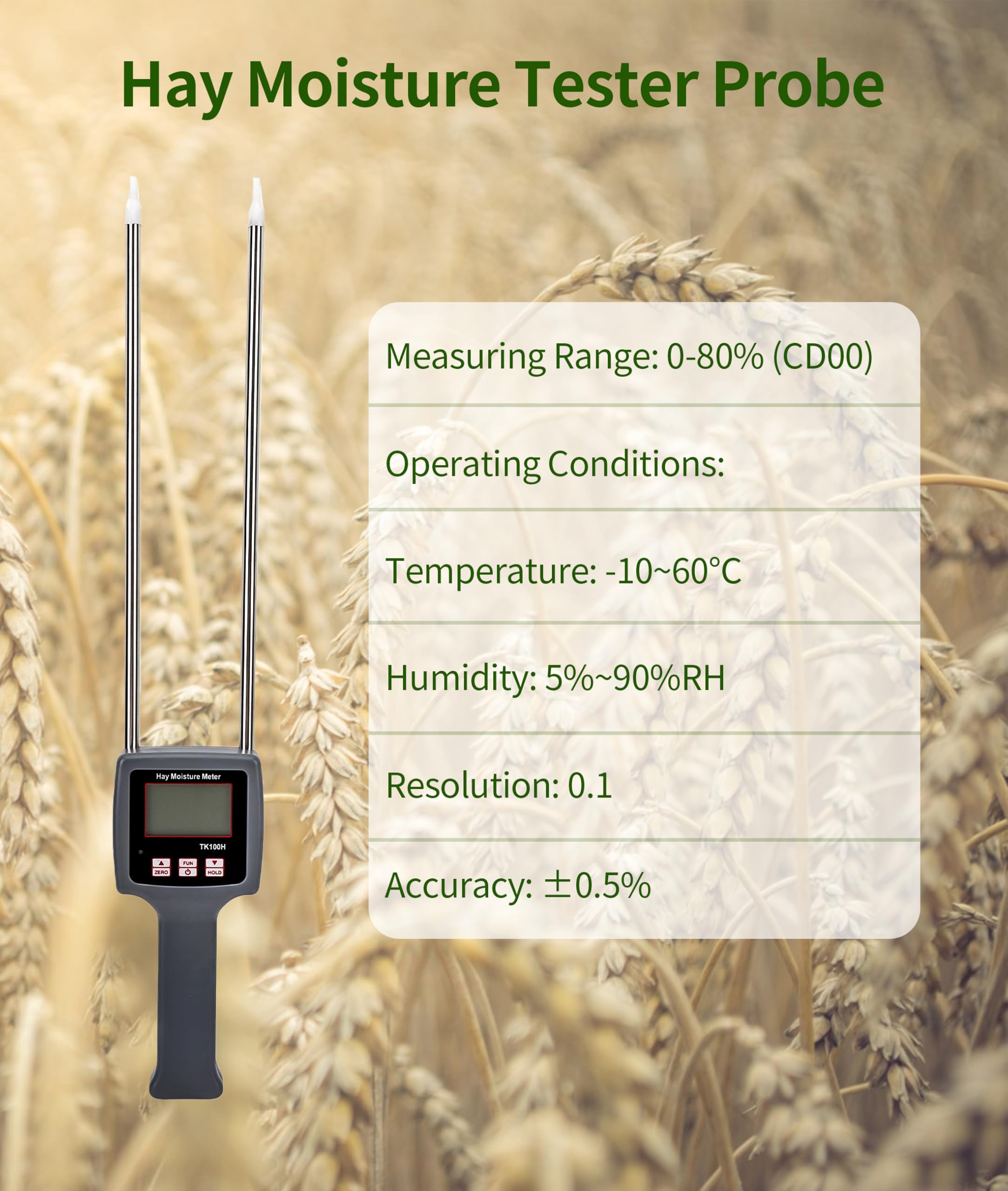 TK100H Portable Hay Moisture Meter with Probe - Fast & Accurate Forage Tester for Cereal, Straw, Grass, Alfalfa & Leymus | Ideal for Farm, Ranch & Feed Quality Control