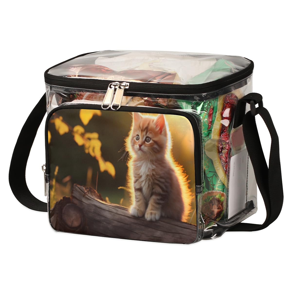 GzLeyigou Clear Cat Tote Bag - Wooden Handle Transparent Crossbody Shoulder Purse for Lunch, Outdoor, Travel, Picnic, Concerts & Sports Events | Perfect for Cat Lovers, Stadium Approved Carry-On & Daily Use