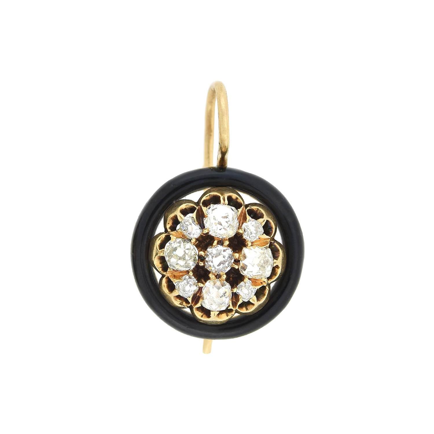Victorian Style 14K Gold Black Enamel Diamond Cluster Earrings 1.30 Carat Total Weight - Perfect for Weddings, Evening Gala & Vintage Jewelry Collection