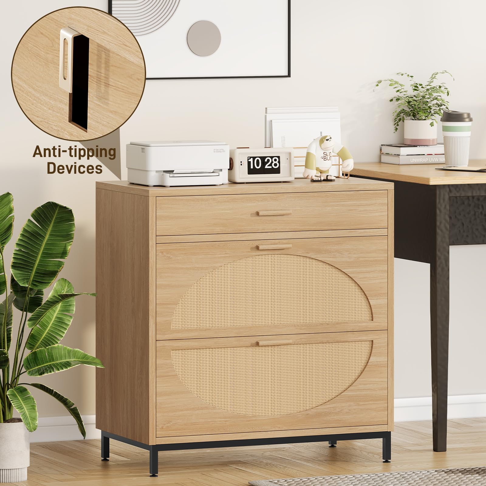 3-Drawer Eco Rattan File Cabinet for Home Office - Letter/Legal/A4 Storage & Printer Stand