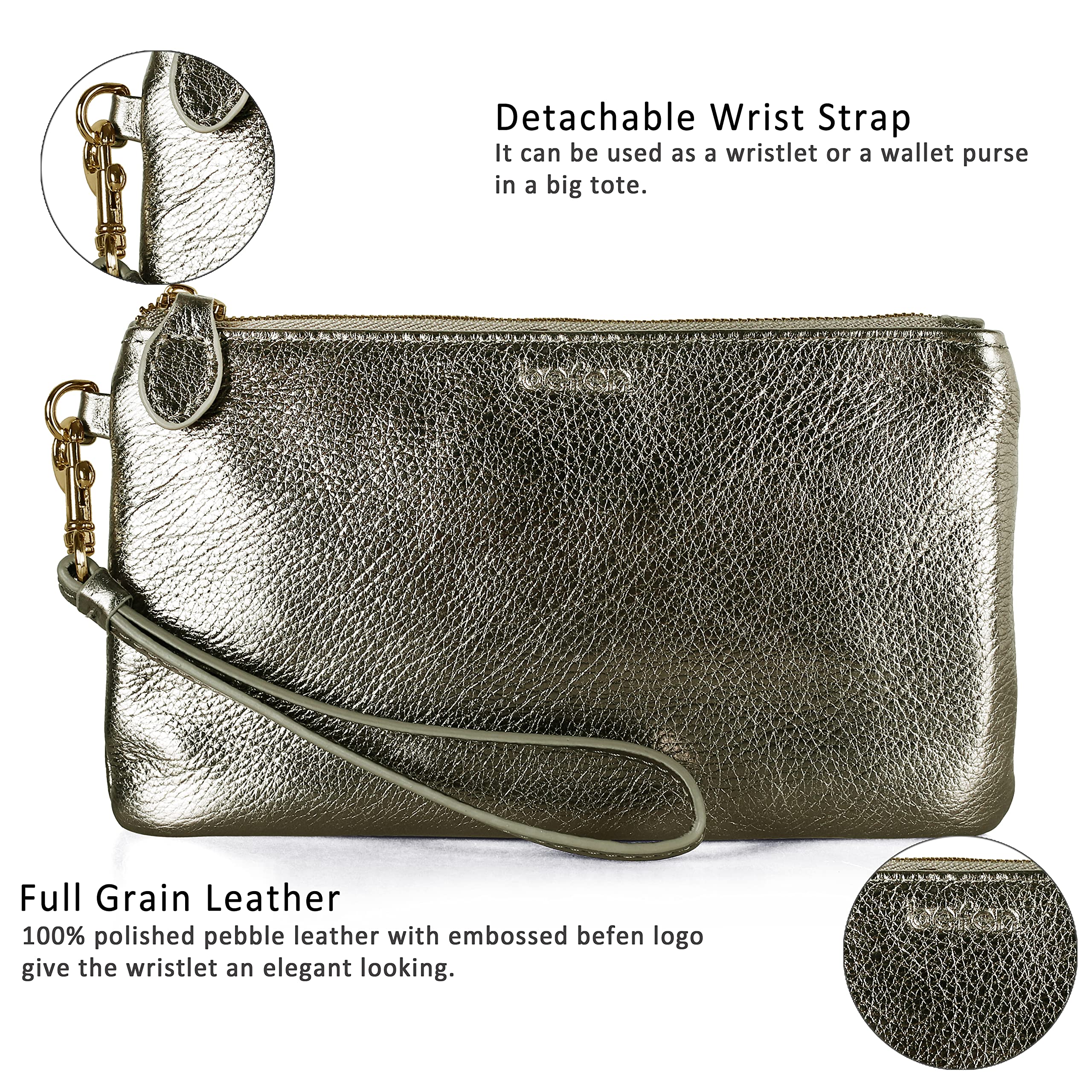 Befen Women's Genuine Italian Leather Wristlet Clutch Wallet with Gold Zipper - Elegant Crossbody Purse for Parties, Travel & Everyday Use