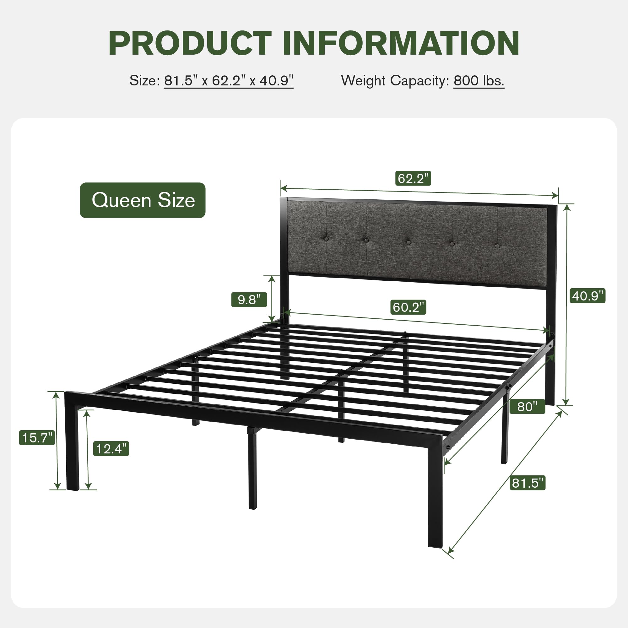 Heavy Duty Queen Size Platform Bed Frame with Upholstered Button Tufted Headboard - 17 Reinforced Metal Slats, 11