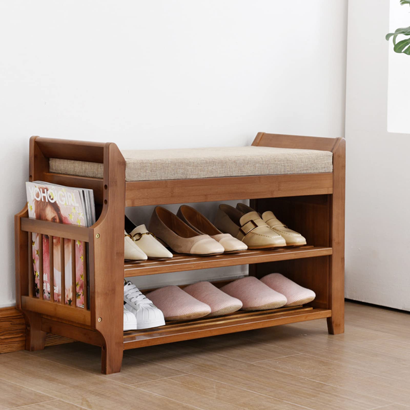 2-Tier Bamboo Shoe Bench with Sponge Cushion & Storage Basket - Holds 6 Pairs of Shoes - Entryway Organizer for Living Room, Hallway & Home Decor - Brown Wooden Shoe Rack for Entry, Bedroom & Closet Storage