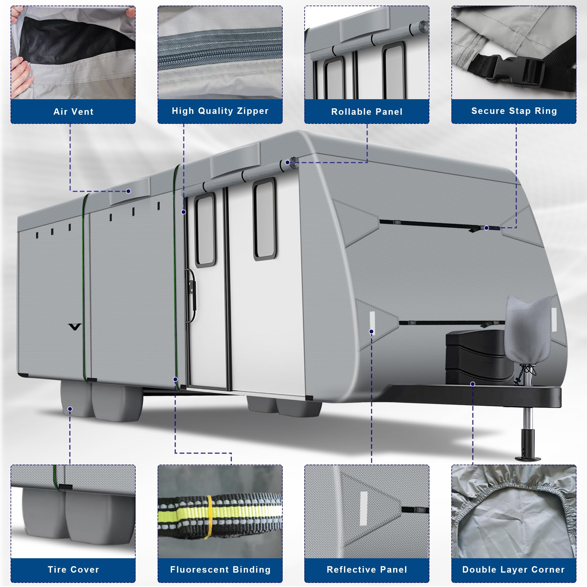 Richeer 300D Heavy-Duty RV Cover for 30'-33' Travel Trailers - Waterproof, Windproof, UV-Resistant Rip-Stop Fabric with Storage Bag, Tire Covers & Reflective Strips - Perfect for Outdoor Camping, Winter Storage & Long-Term Vehicle Protection (Dark Grey)