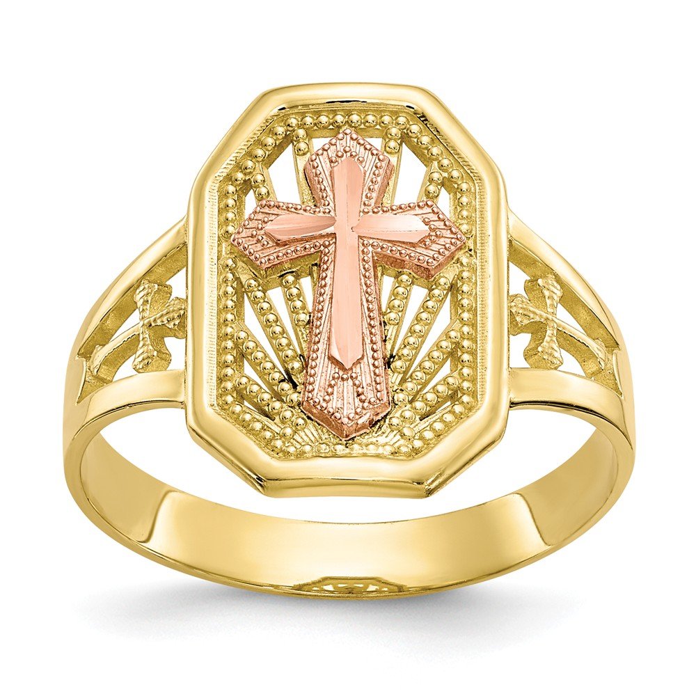 10K Yellow Gold Two-Toned Filigree Cross Ring Band for Women - Elegant Religious Jewelry for Church, Weddings & Everyday Wear