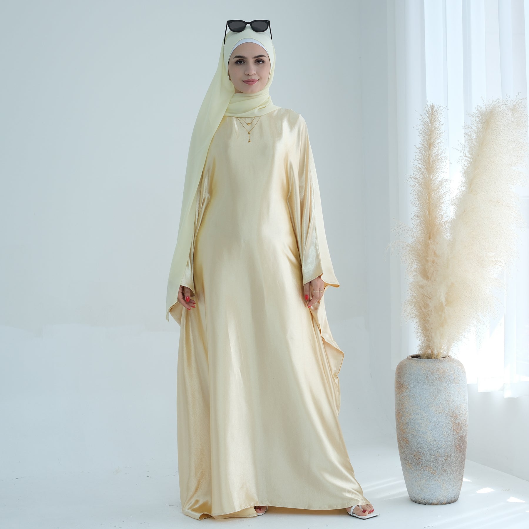 Elegant Alisha Butterfly Satin Abaya Dress - Yellow Gold Islamic Prayer Gown for Women | Perfect for Eid, Ramadan, Wedding & Special Occasions