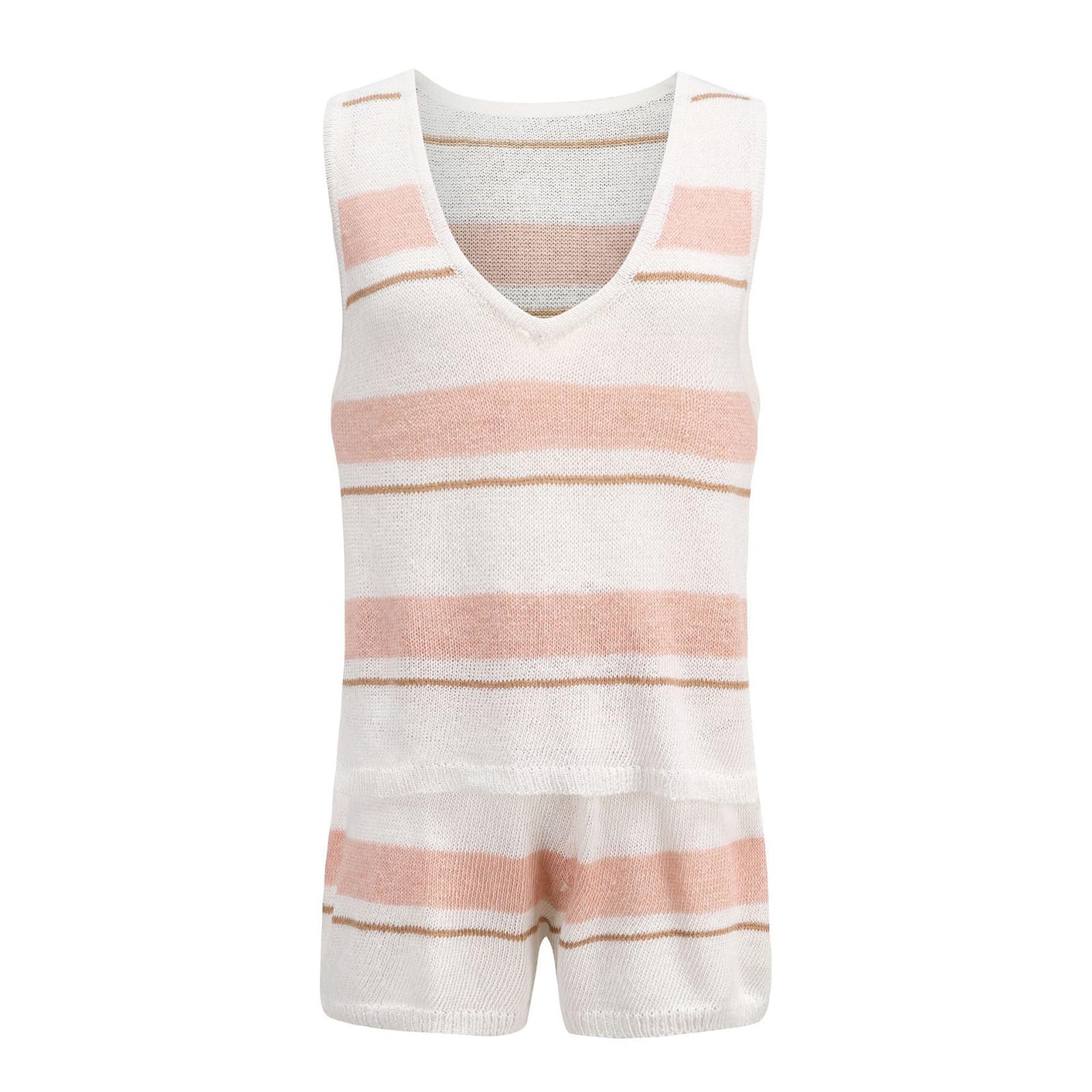 2024 Women's Summer Two Piece Sets - Knit Tank Tops & Shorts Lounge Wear | V-Neck Solid Color Outfits for Beach, Vacation & Casual Wear