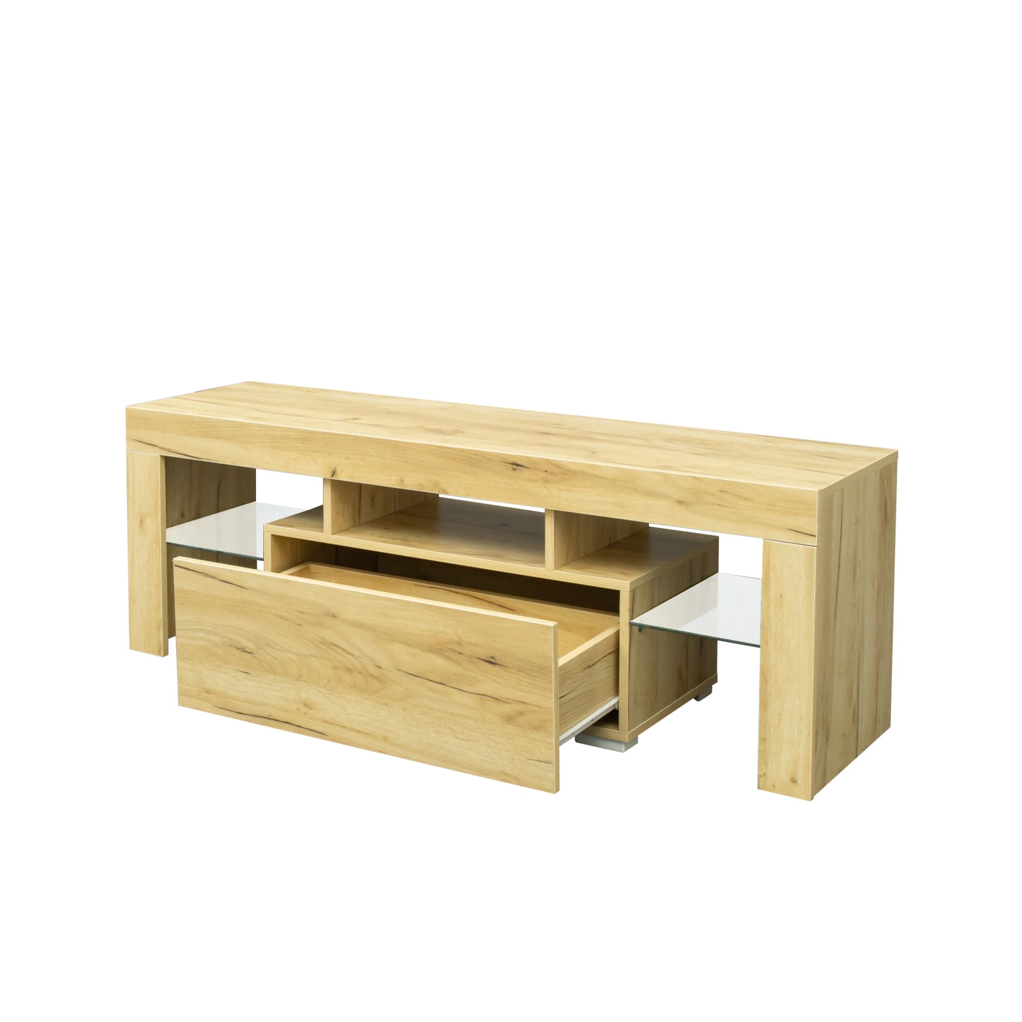 Modern TV Stand with RGB LED Lights - Oak Wood Entertainment Center for Flat Screen TVs & Gaming Consoles - Perfect for Living Room, Lounge & Home Theater Setup