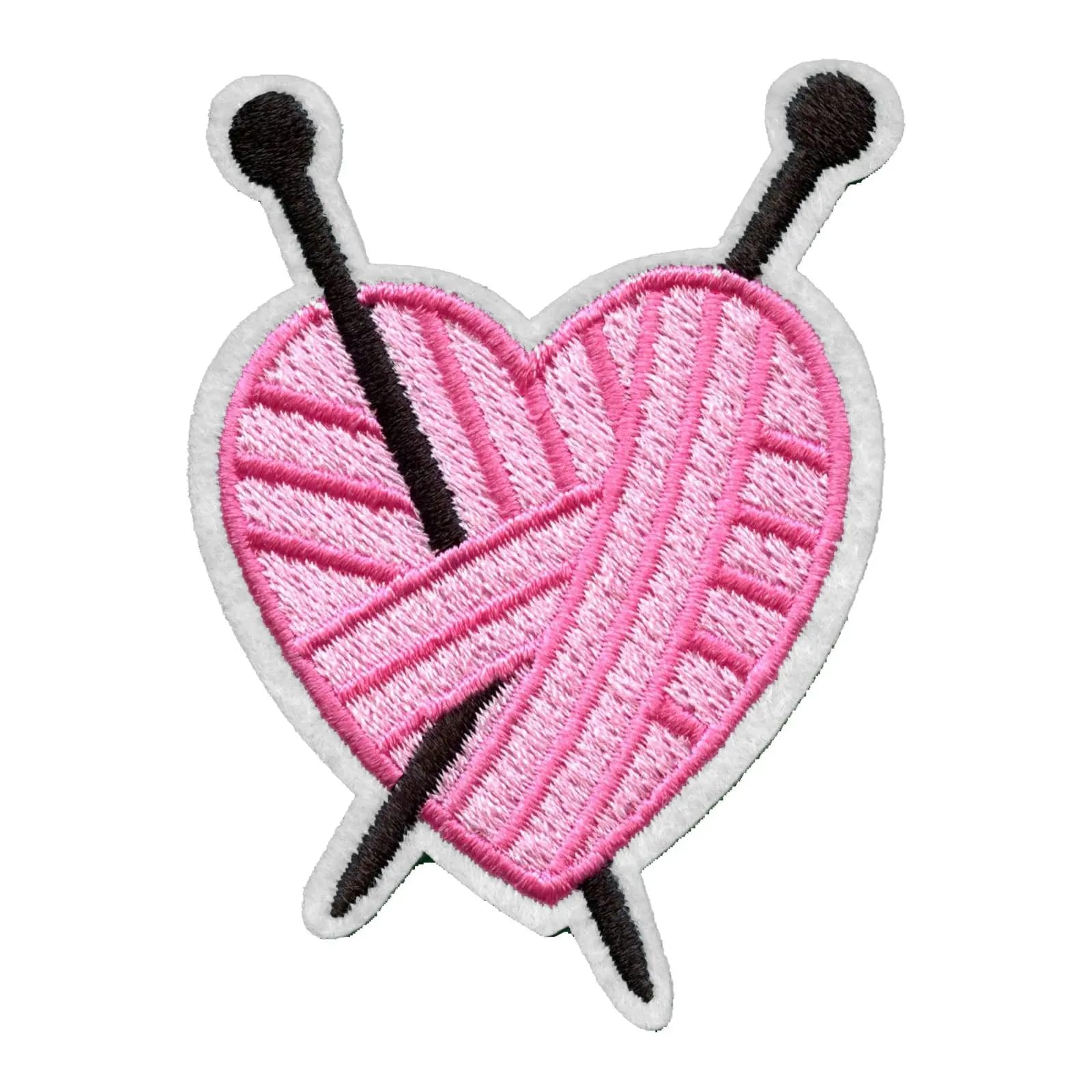 Pink Yarn Ball Heart Patch - Embroidered Iron On Applique for Knitting Needles & DIY Crafts - Perfect for Sweaters, Bags, and Denim Jackets