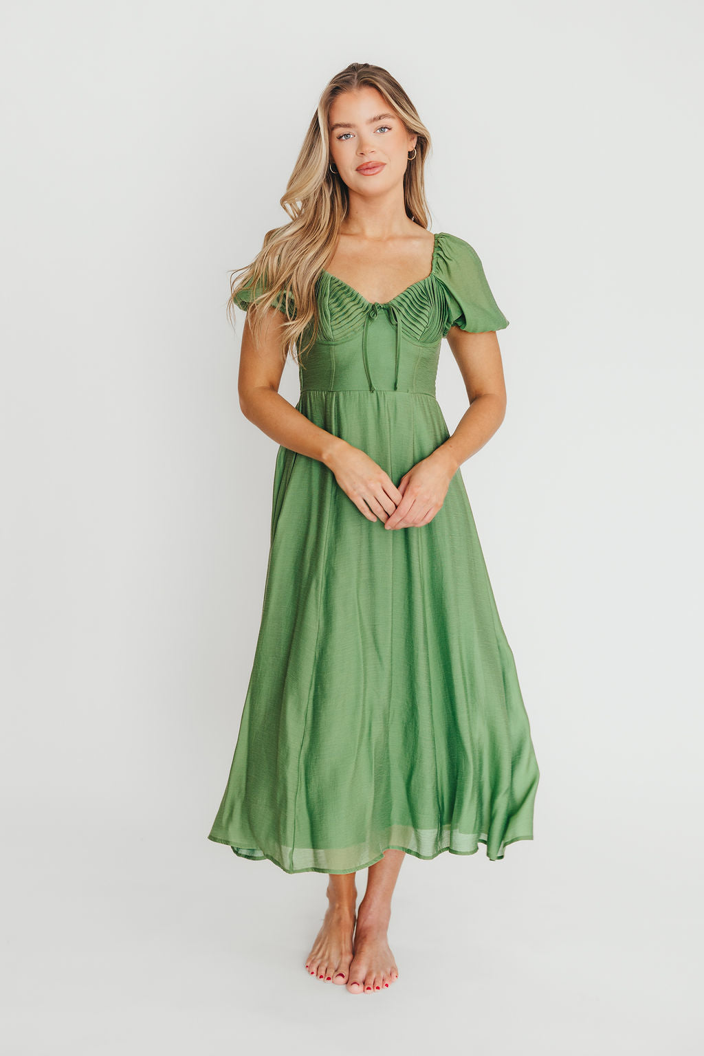 Stevie Bustier Midi Dress in Green | Elegant Bodycon Cocktail Dress for Women | Perfect for Weddings, Parties & Date Nights