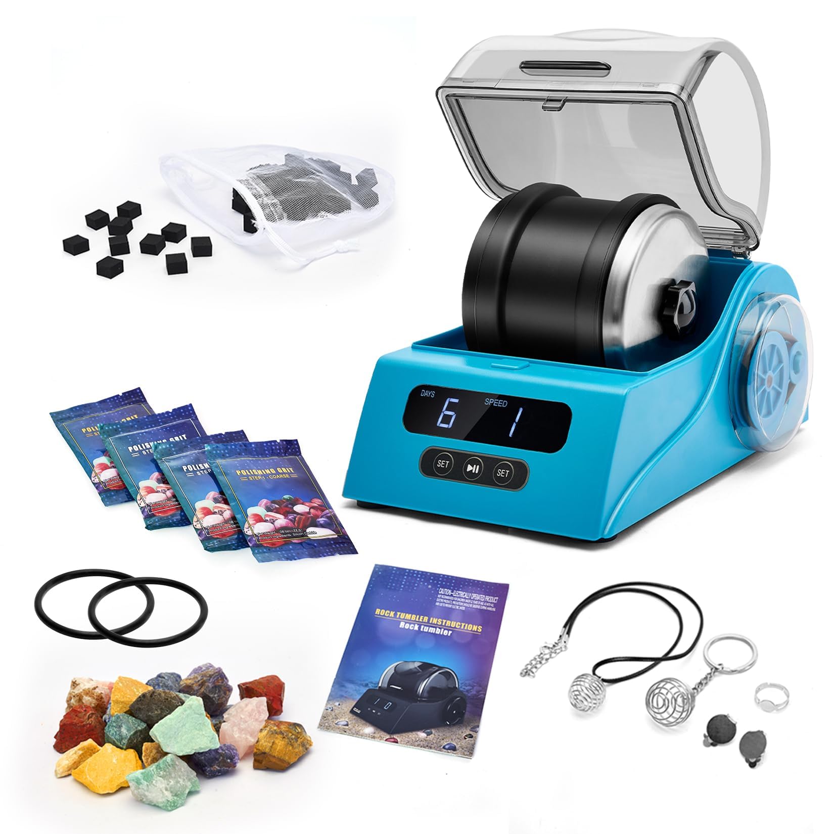 Premium Rock Tumbler Kit for Adults & Kids - Quiet Noise Reduction Cover, Adjustable Speed & Timer, 4 Polishing Grits, Rough Gemstones - Complete Rock Polishing Science Kit for Geology Enthusiasts (Blue) - Perfect for Home Science Projects, Classroom Learning & DIY Jewelry Making