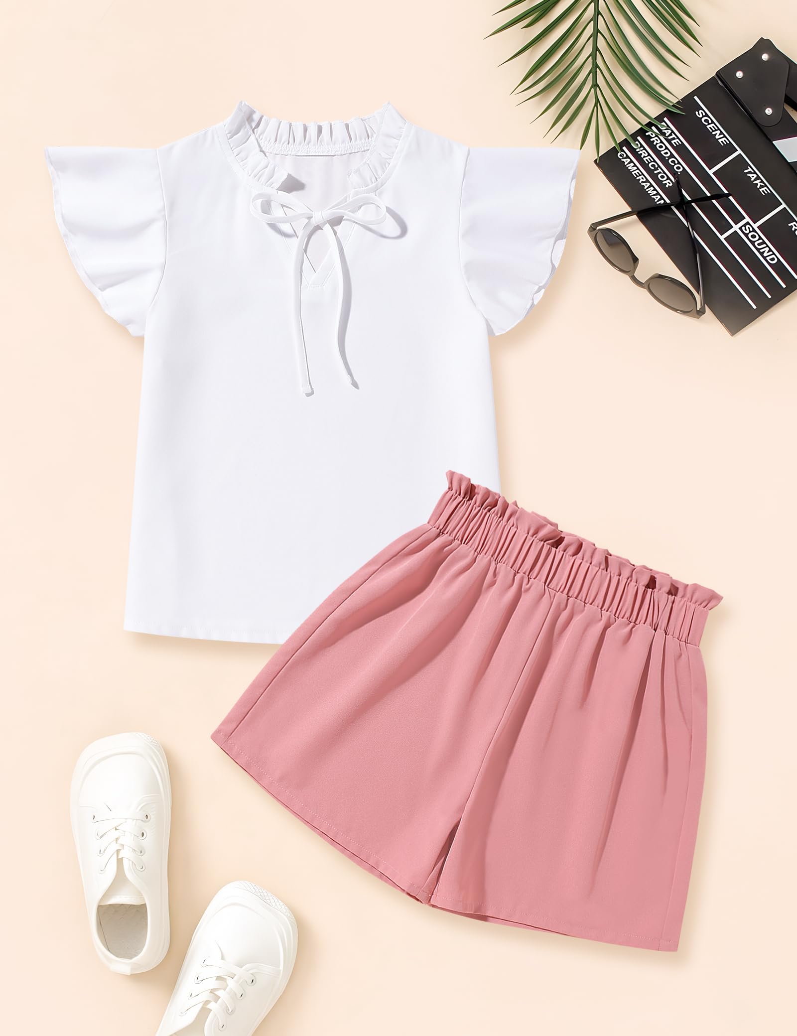 Girls Summer Outfits - V Neck Ruffle Short Sleeve T-Shirt & Casual Shorts Set for Ages 7-14 | Cute Playtime & Beach Vacation Outfits