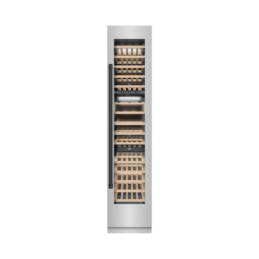 ZLINE Autograph Edition 18 Inch 9.0 cu ft Triple Zone 68 Bottle Right Hinge Stainless Steel Column Wine Cooler with Matte Black Accents - Perfect for Home Bars, Wine Cellars, and Entertaining Spaces (RCWVRZ 304 18 MB)